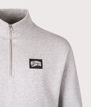 Woven Patch Arch Logo Quarter Zip Crewneck in Heather Grey | Billionaire Boys Club | Shot at EQVVS | Front detail shot 