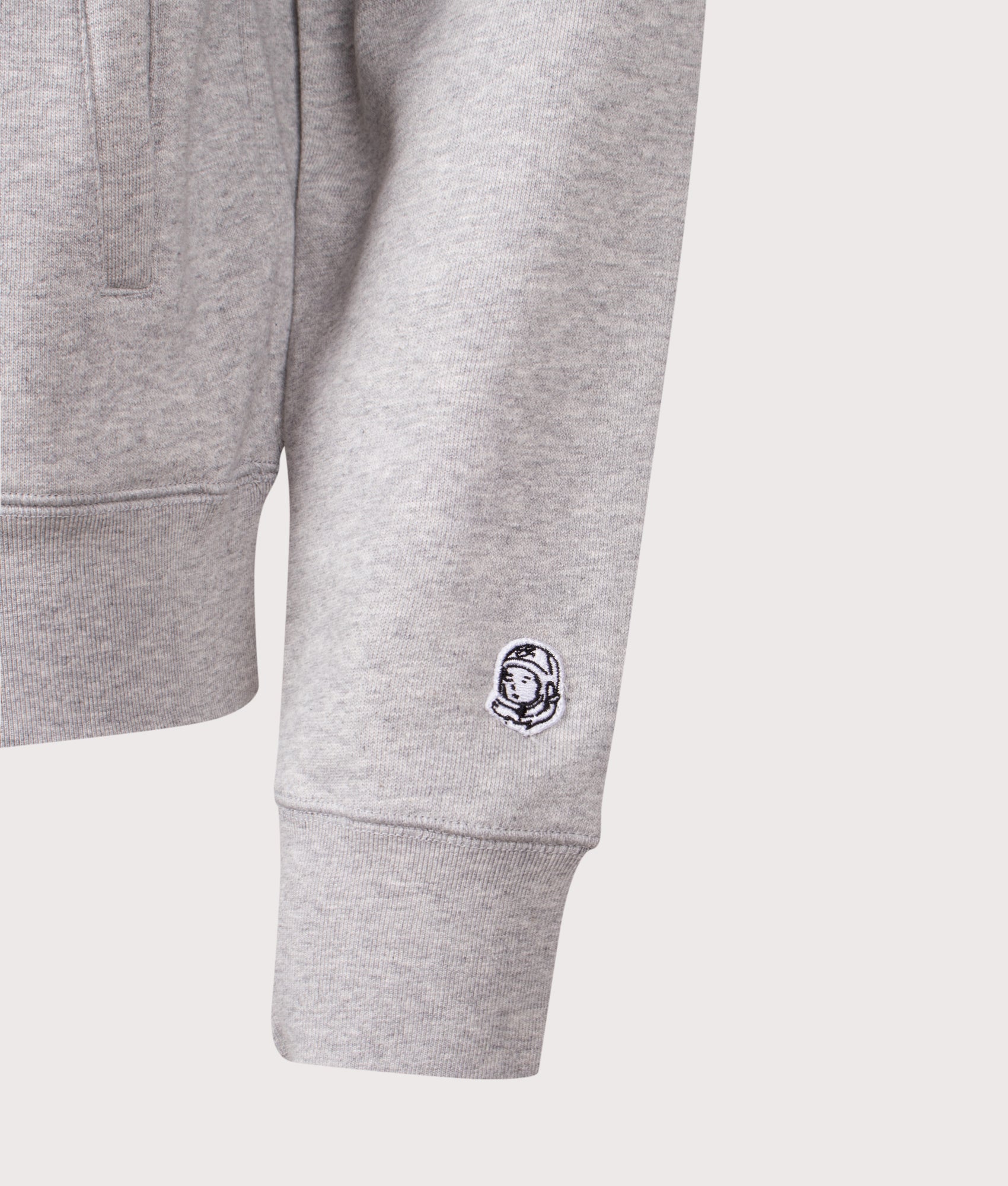 Woven Patch Arch Logo Quarter Zip Crewneck in Heather Grey | Billionaire Boys Club | Shot at EQVVS | Cuff detail shot 