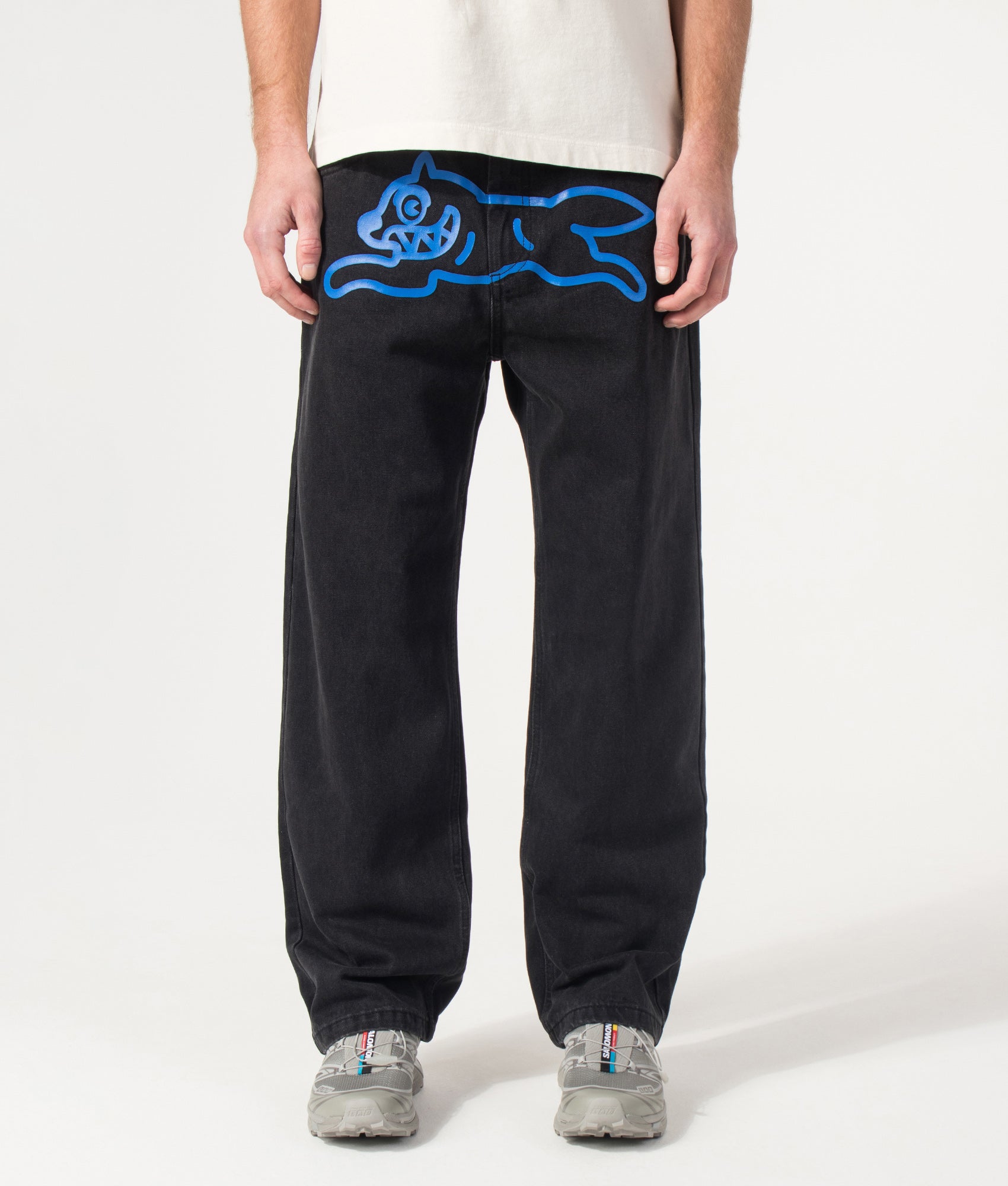 ICECREAM  Running Dog Double Scoop Denim Jeans in Black at EQVVS Menswear. Model front shot.