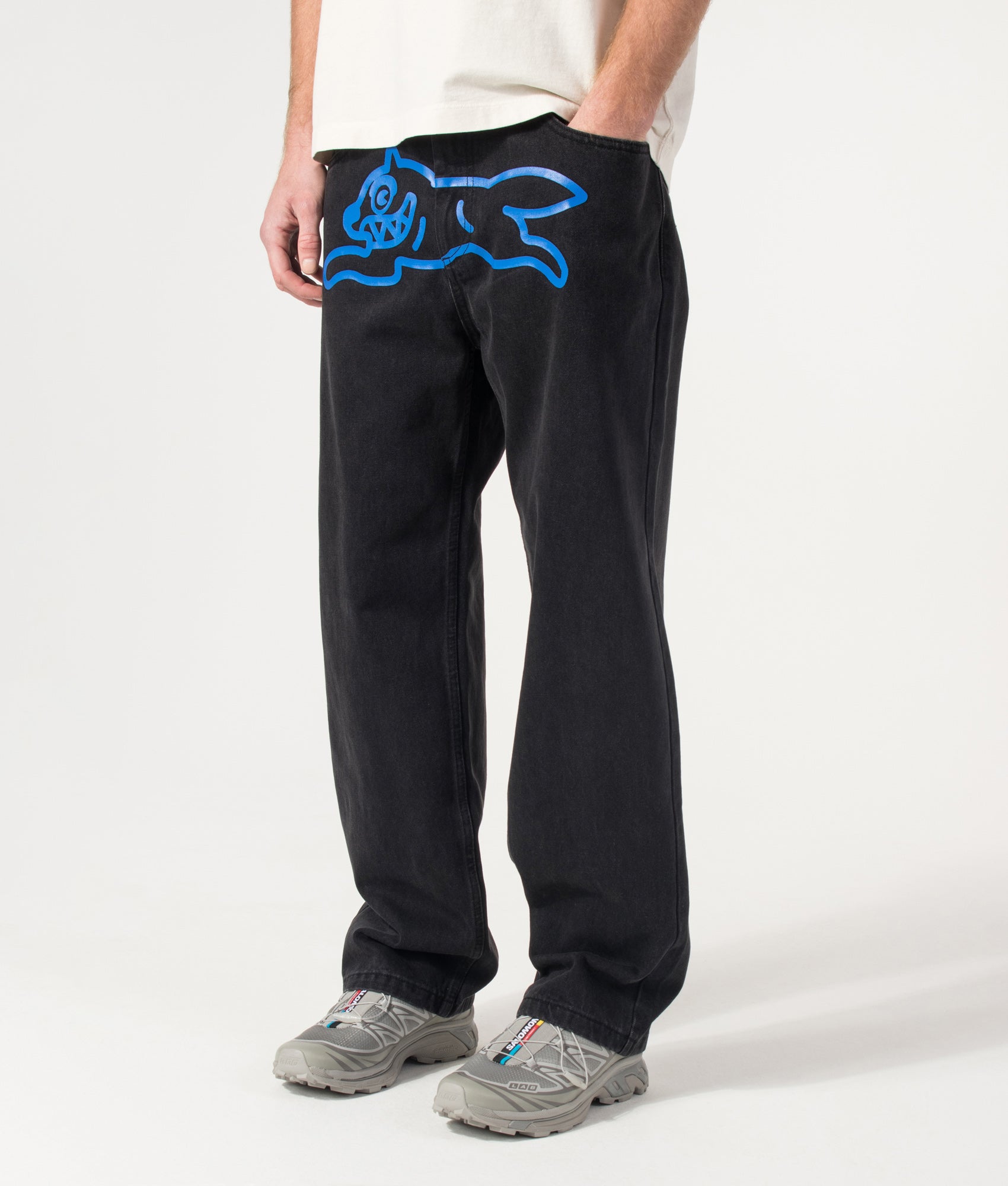 ICECREAM  Running Dog Double Scoop Denim Jeans in Black at EQVVS Menswear. Angled model front shot.