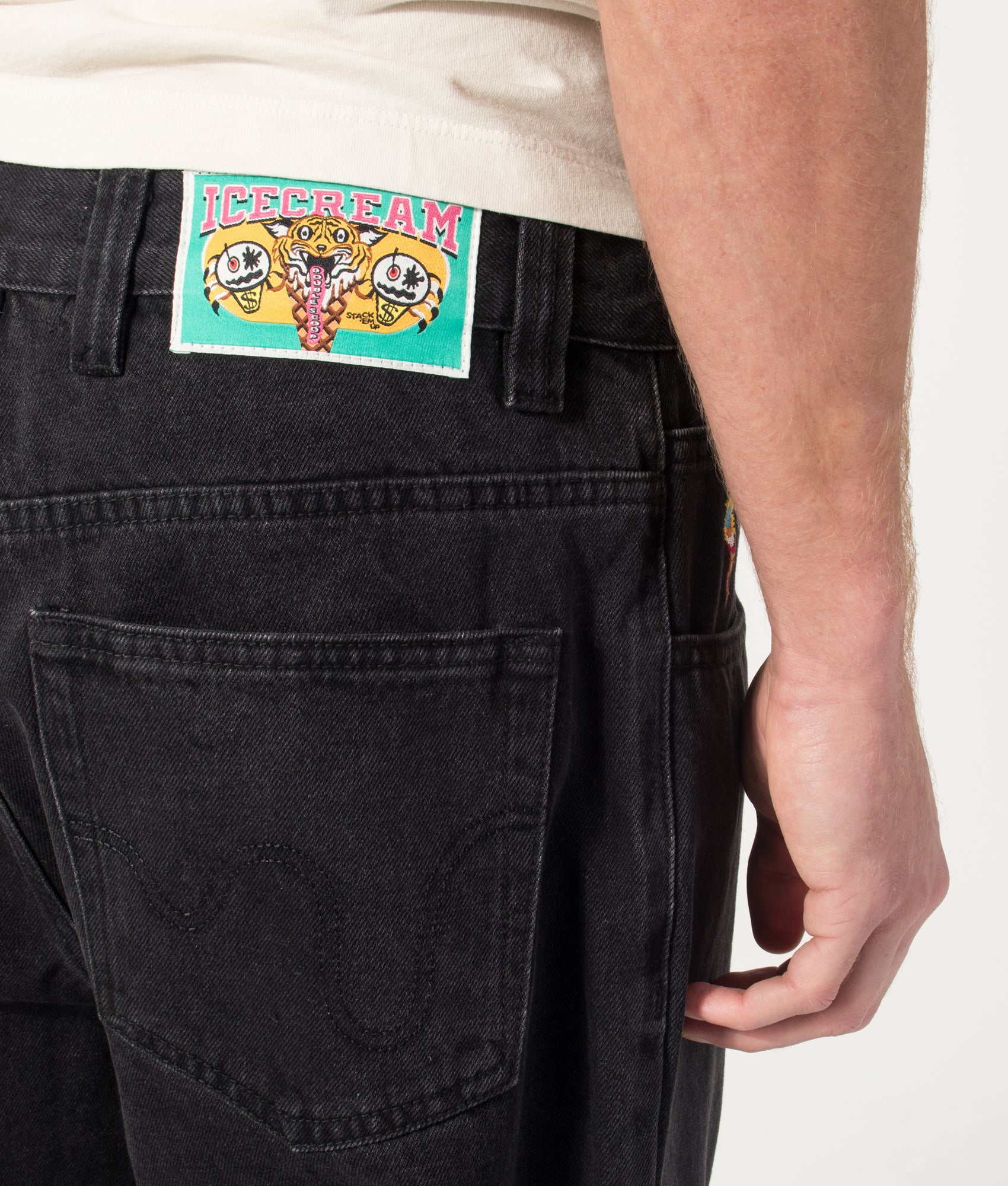 ICECREAM  Running Dog Double Scoop Denim Jeans in Black at EQVVS Menswear. Back detail shot.