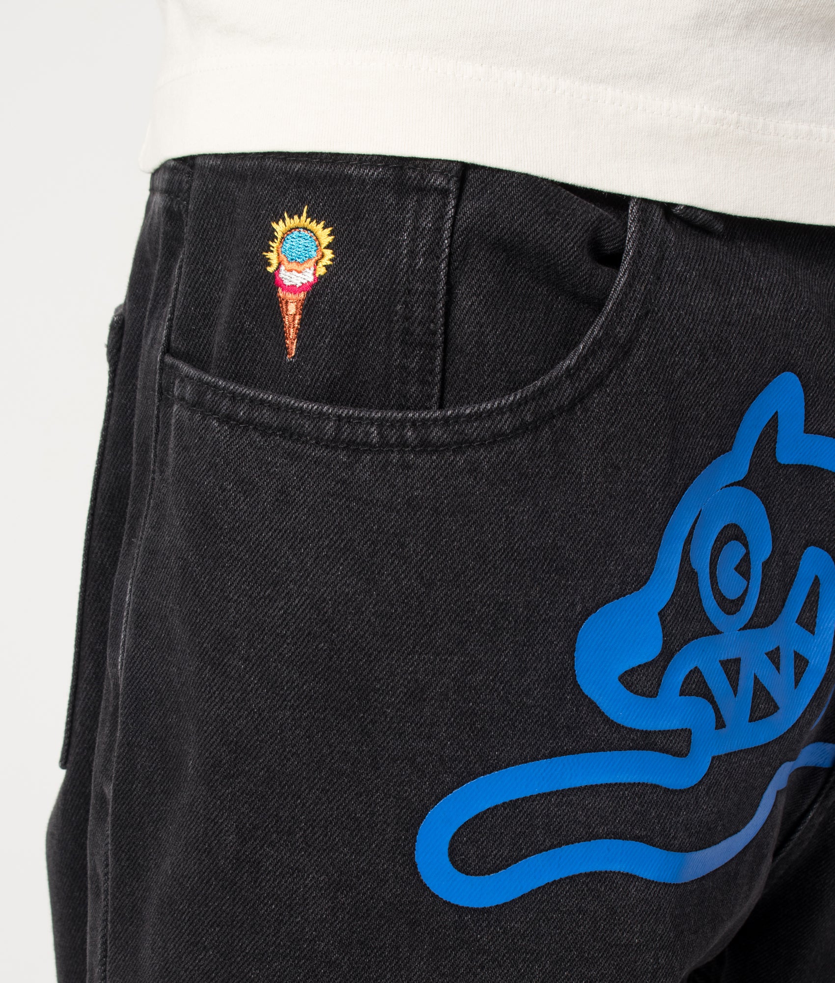 ICECREAM  Running Dog Double Scoop Denim Jeans in Black at EQVVS Menswear. Detail shot.