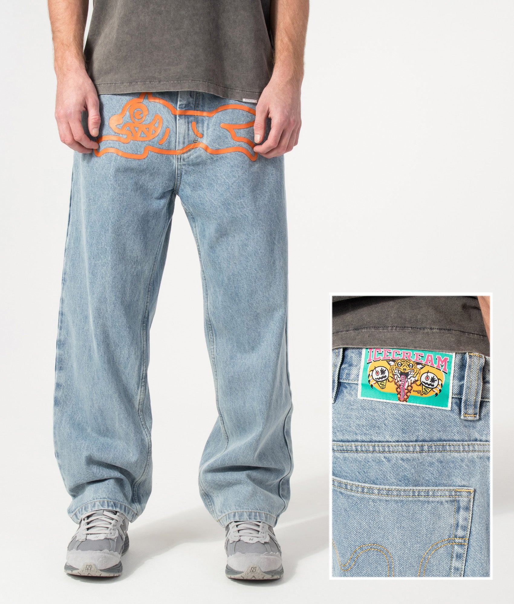 ICECREAM Running Dog Double Scoop Denim Jeans in Heavy Wash Blue at EQVVS Menswear. Model front and back detail shot.