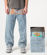 Loose Fit Running Dog Double Scoop Denim Jeans: Heavy Wash Blue 