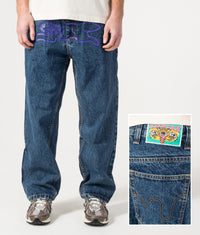 Loose Fit Running Dog Double Scoop Denim Jeans: Mid Wash Blue 