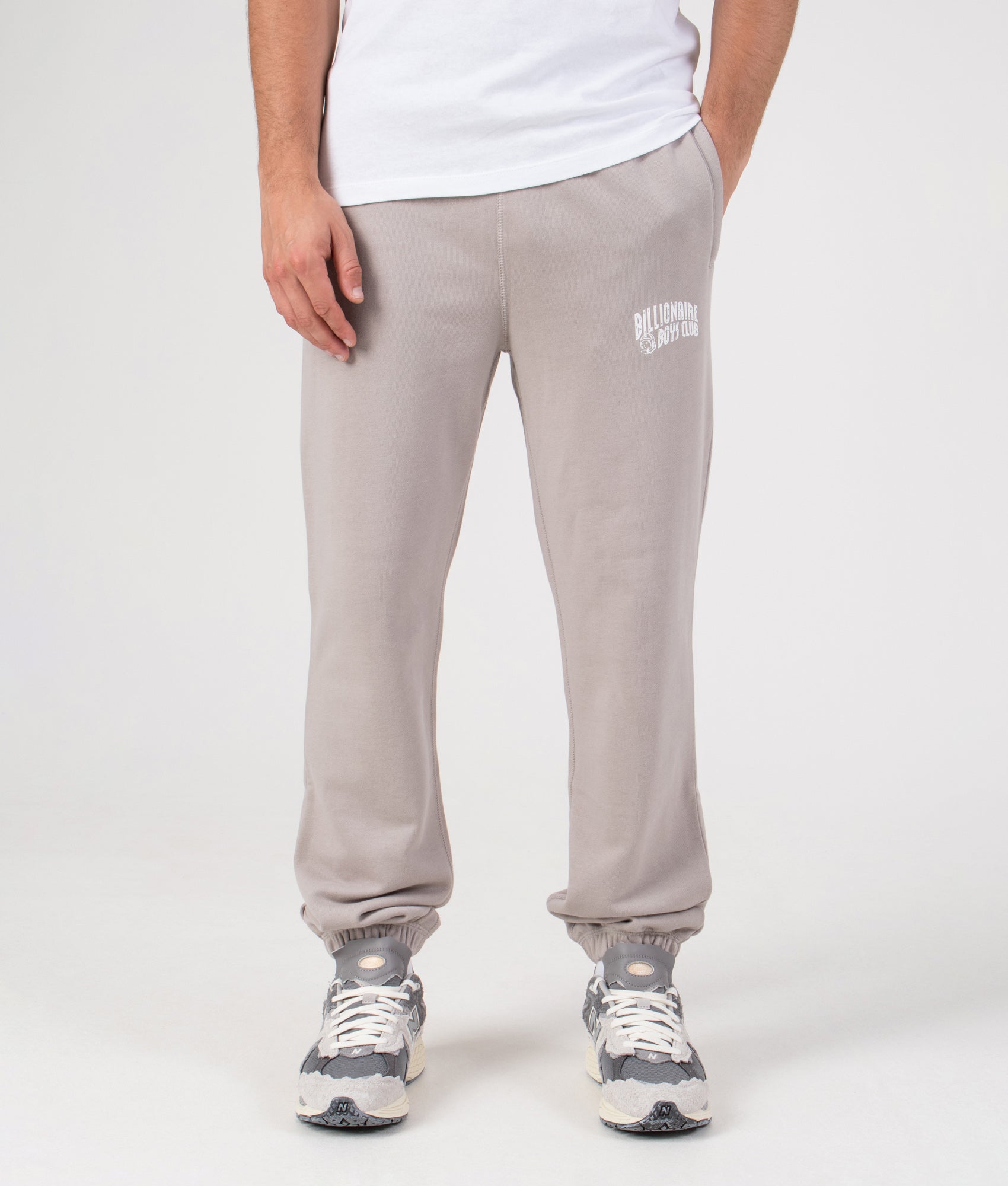 Small Arch Logo Joggers in Flat Grey | 100% Cotton | Billionaire Boys Club | EQVVS | Front model shot 