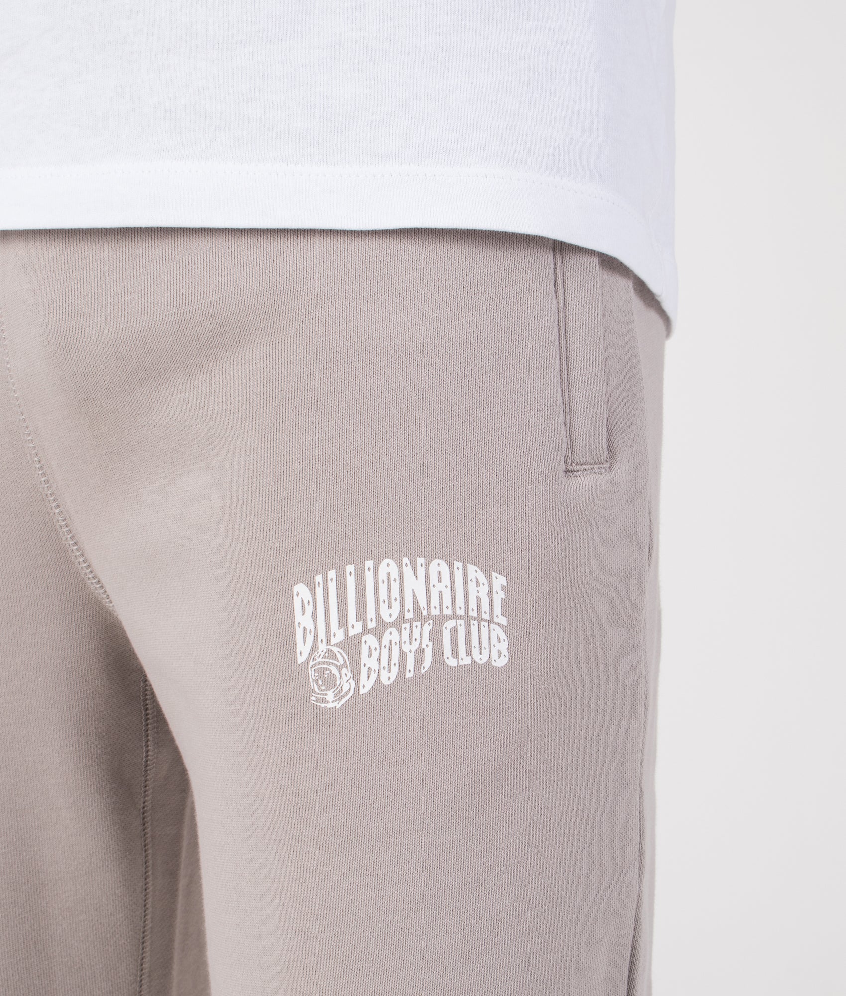 Small Arch Logo Joggers in Flat Grey | 100% Cotton | Billionaire Boys Club | EQVVS | Front detail model shot 