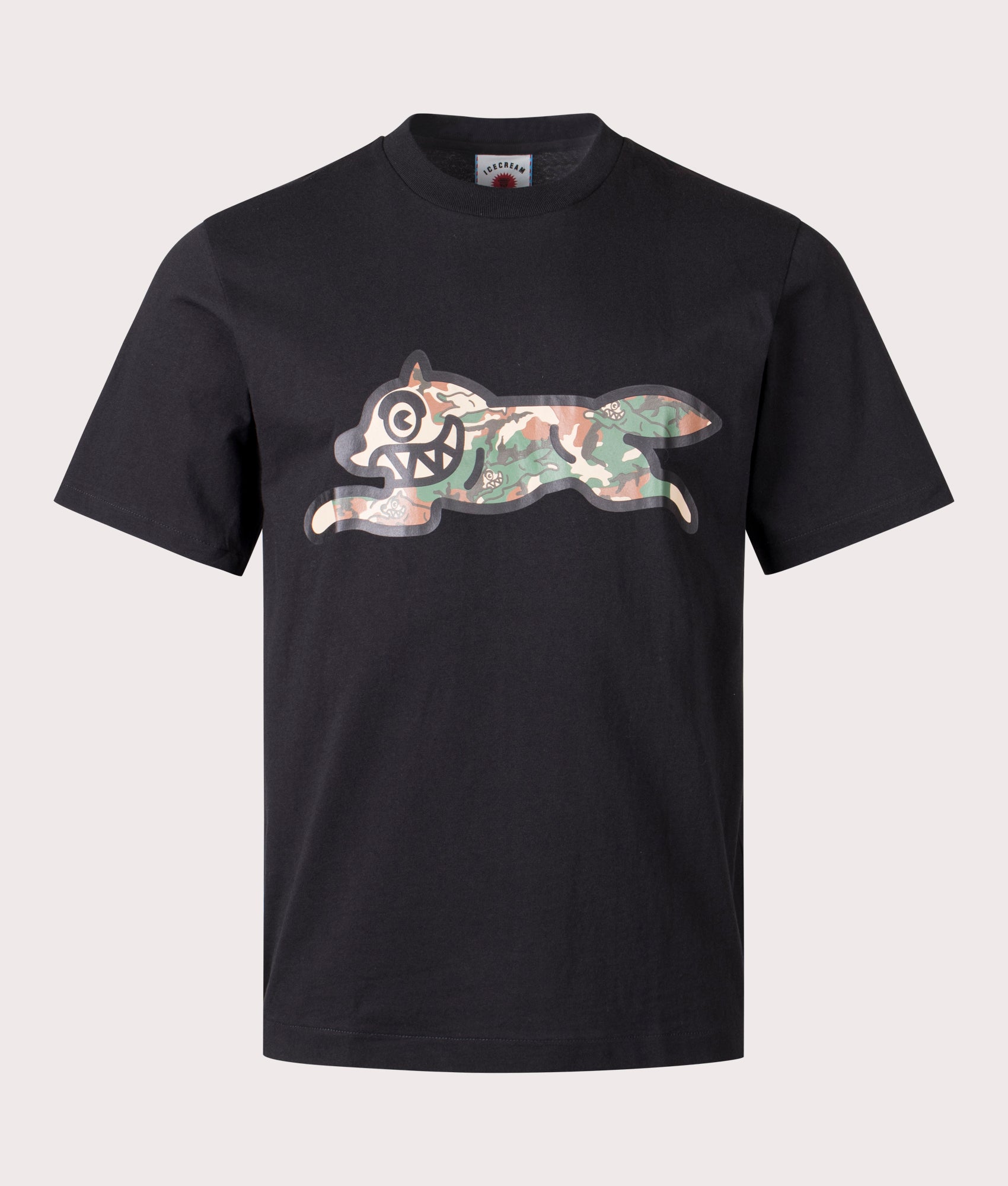 Woodland Camo Running Dog T-Shirt by ICECREAM in Black. Shot by EQVVS. Front shot.