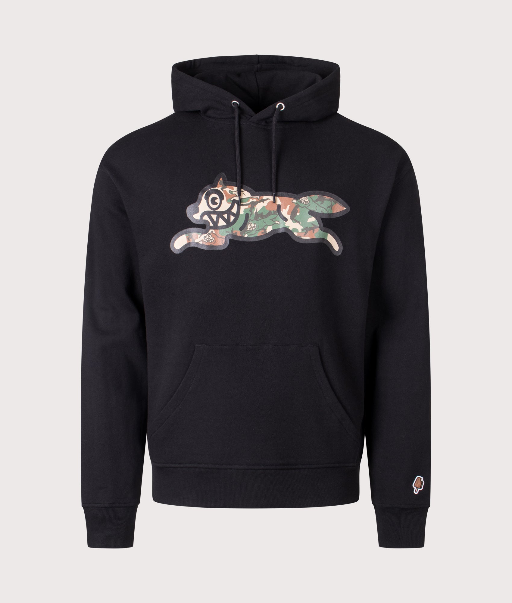 Woodland Camo Running Dog Hoodie by ICE CREAM in Black. Shot by EQVVS. Front shot.