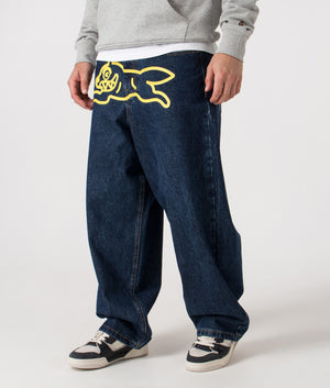 Running Dog Triple Scoop Denim Pants by ICECREAM in Dark Wash. Shot by EQVVS. Front angled shot.