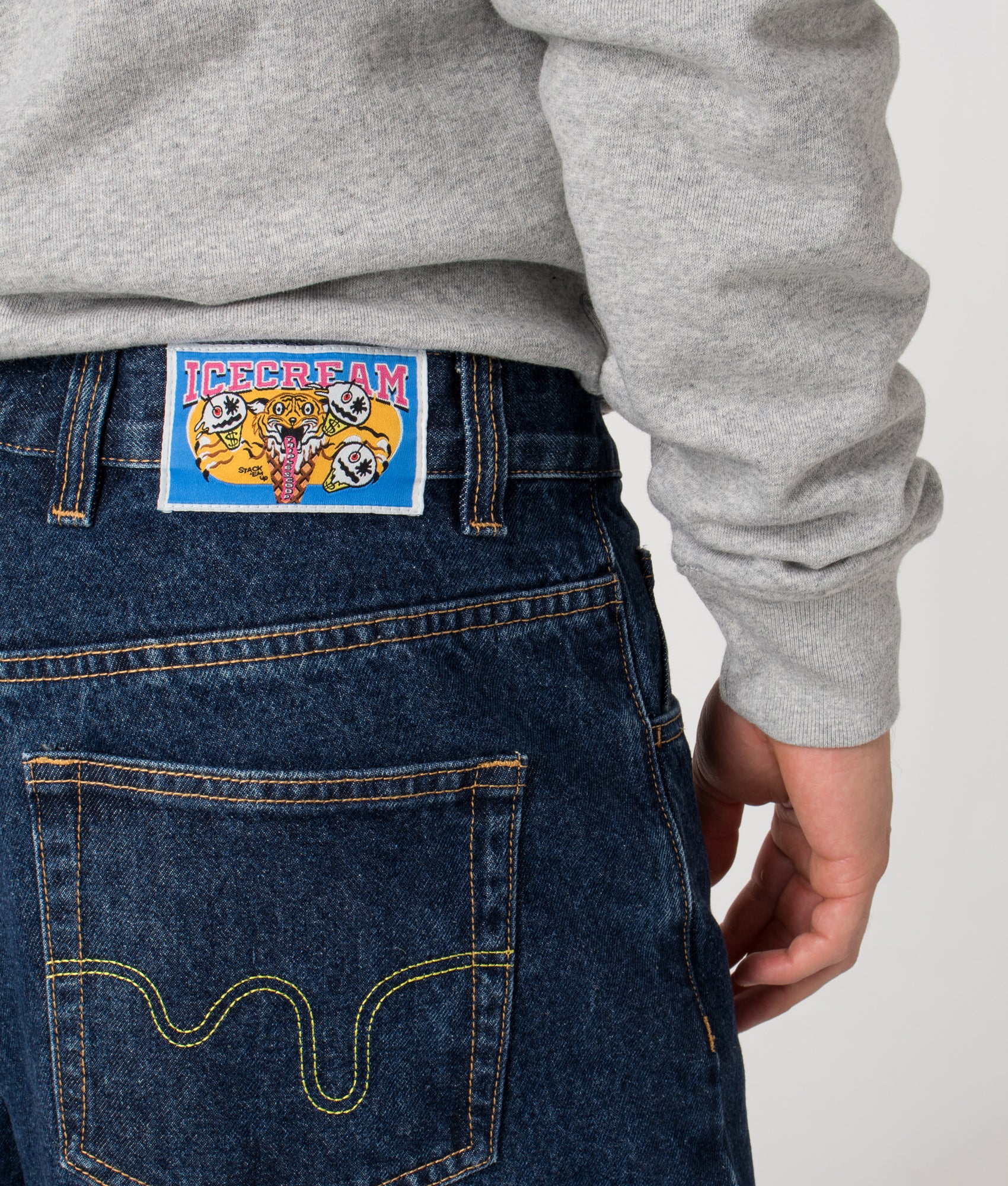 Running Dog Triple Scoop Denim Pants by ICECREAM in Dark Wash. Shot by EQVVS. Back detail shot.