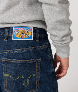 Running Dog Triple Scoop Denim Pants by ICECREAM in Dark Wash. Shot by EQVVS. Back detail shot.