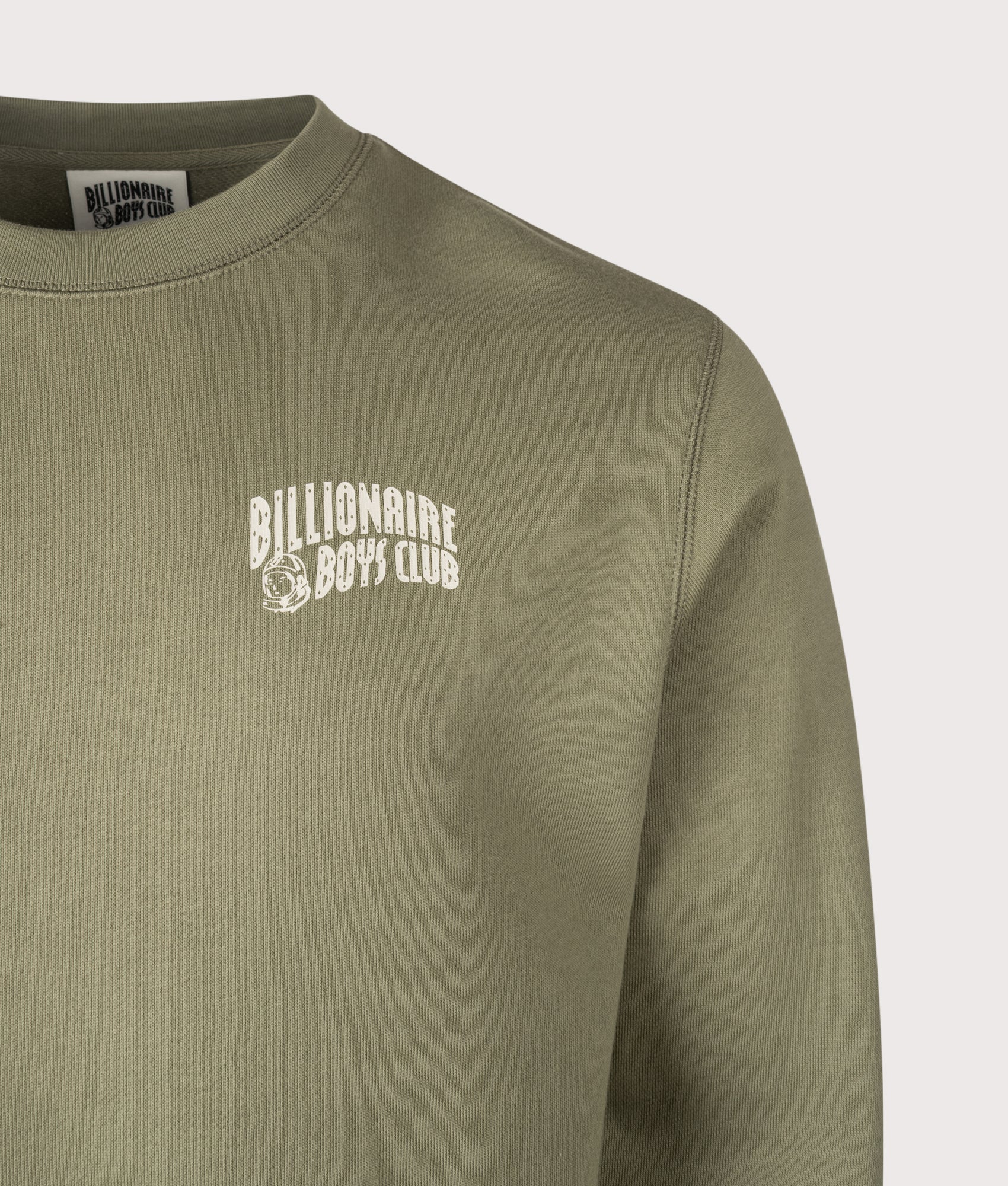 Small Arch Logo Sweatshirt in Olive/Ecru | 100% Cotton | Billionaire Boys Club | EQVVS | Front detail shot 