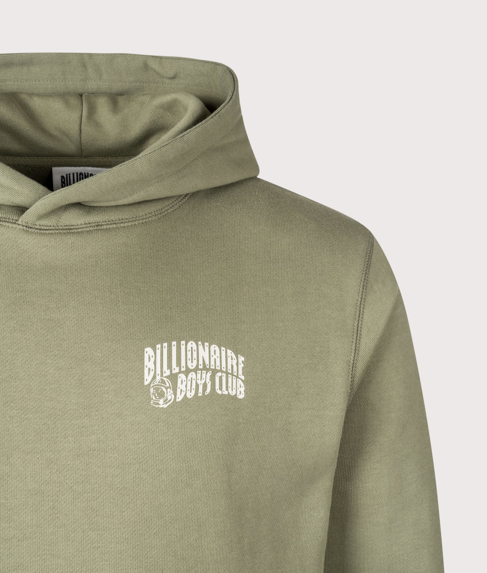 Billionaire Boy's Club Small Arch Logo Hoodie in Olive and Ecru at EQVVS Menswear. Detail shot.
