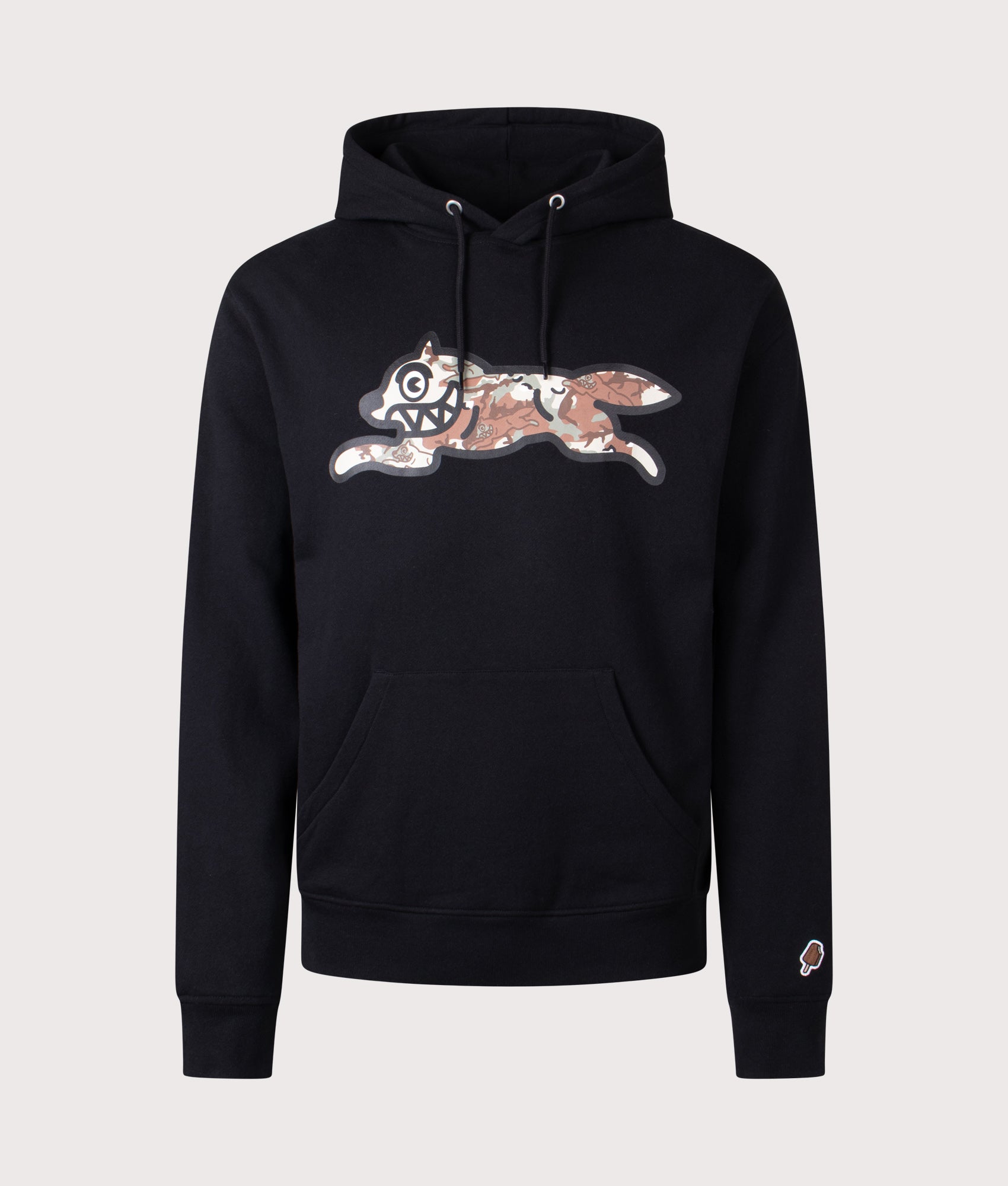 ICECREAM Choc Chip Running Dog Hoodie in Black at EQVVS Menswear. Front shot.