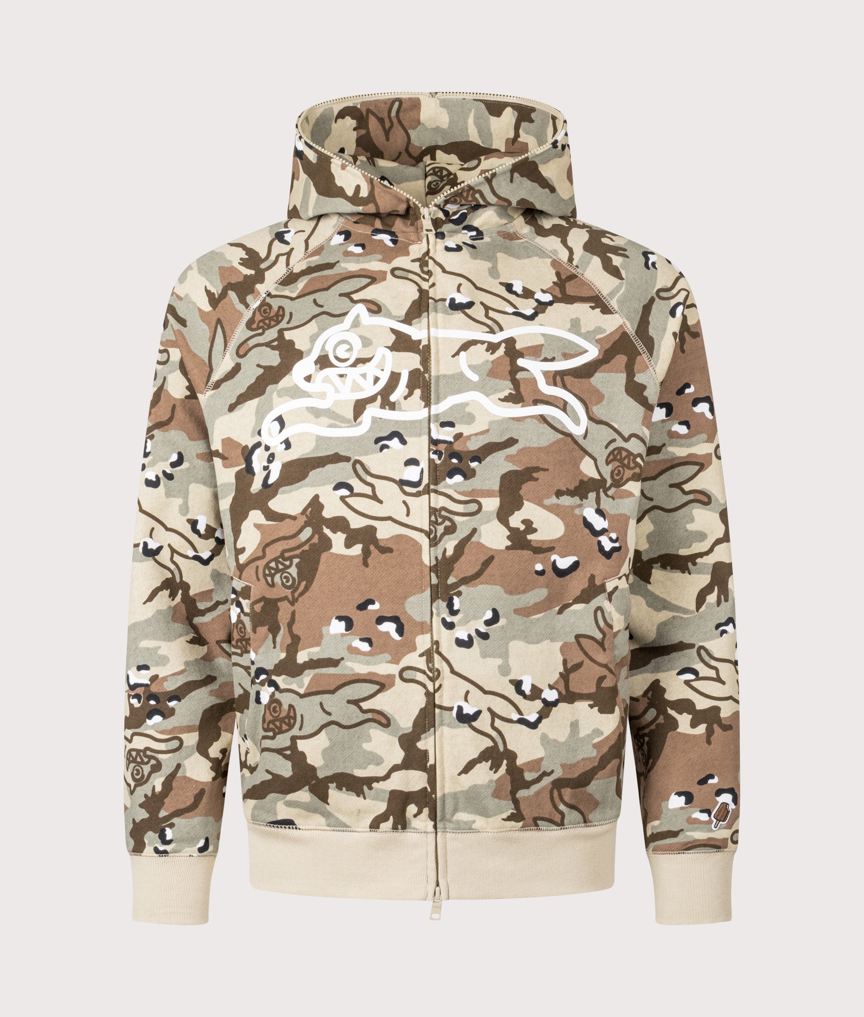 ICECREAM Choc Chip Running Dog Zip Through Hoodie in Camo at EQVVS Menswear. Front shot.