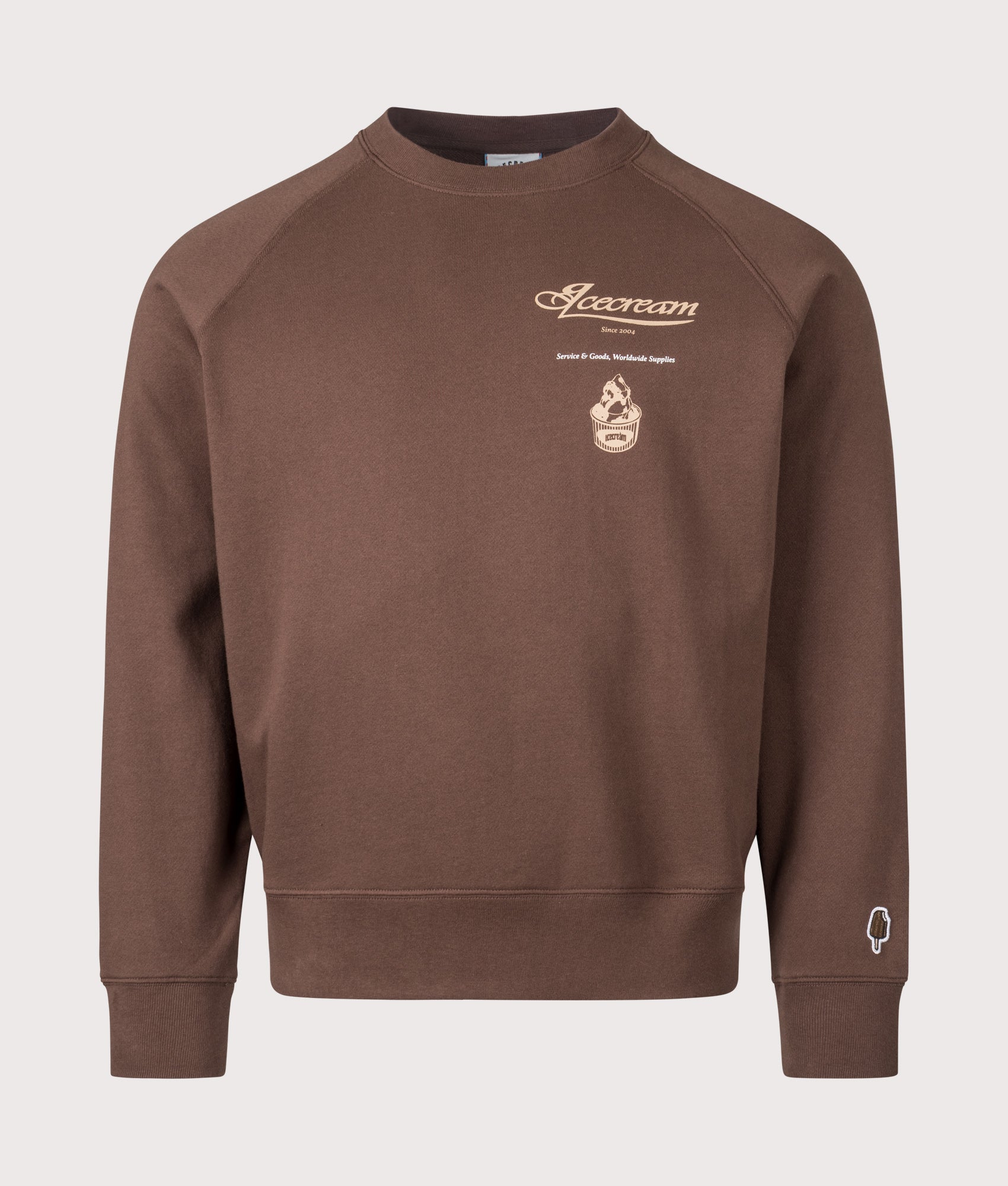 ICECREAM Parlour Crewneck Sweatshirt in Brown at EQVVS Menswear. Front shot.