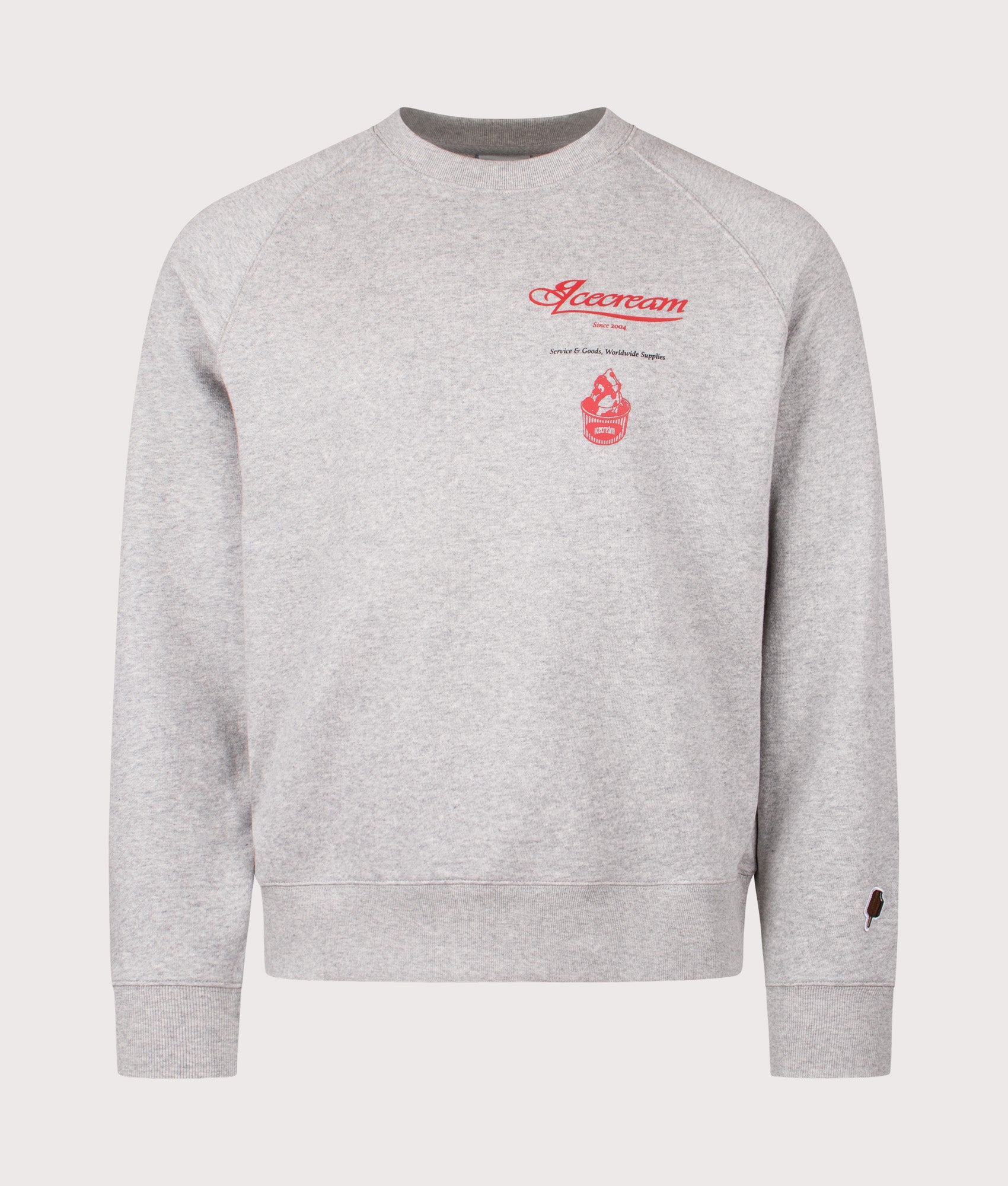 ICECREAM Parlour Crewneck Sweatshirt in Heather Grey at EQVVS Menswear. Front shot.