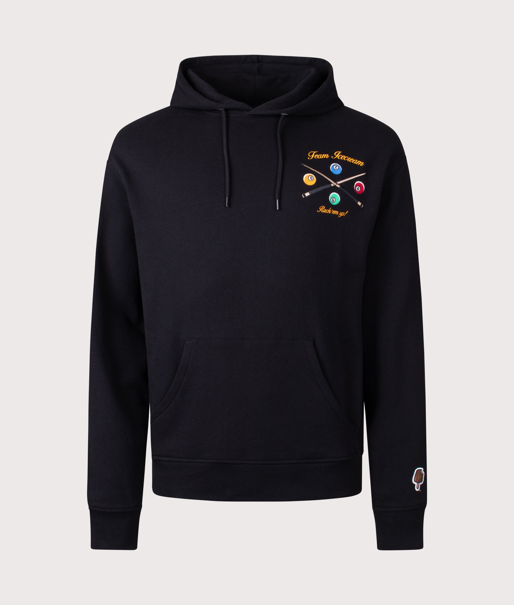 ICECREAM Trick Shot Hoodie in Black at EQVVS Menswear. Front shot.