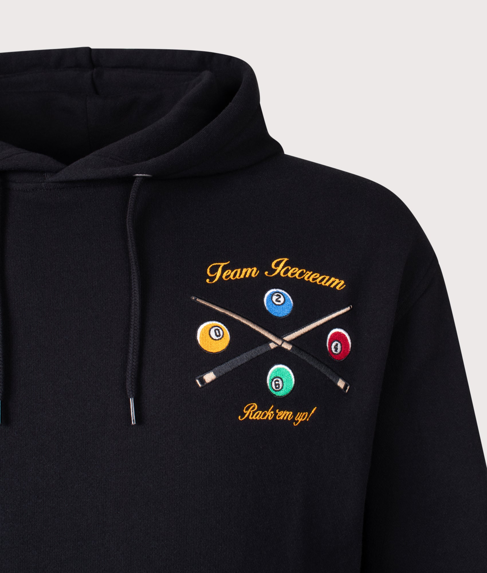 ICECREAM Trick Shot Hoodie in Black at EQVVS Menswear. Detail shot.