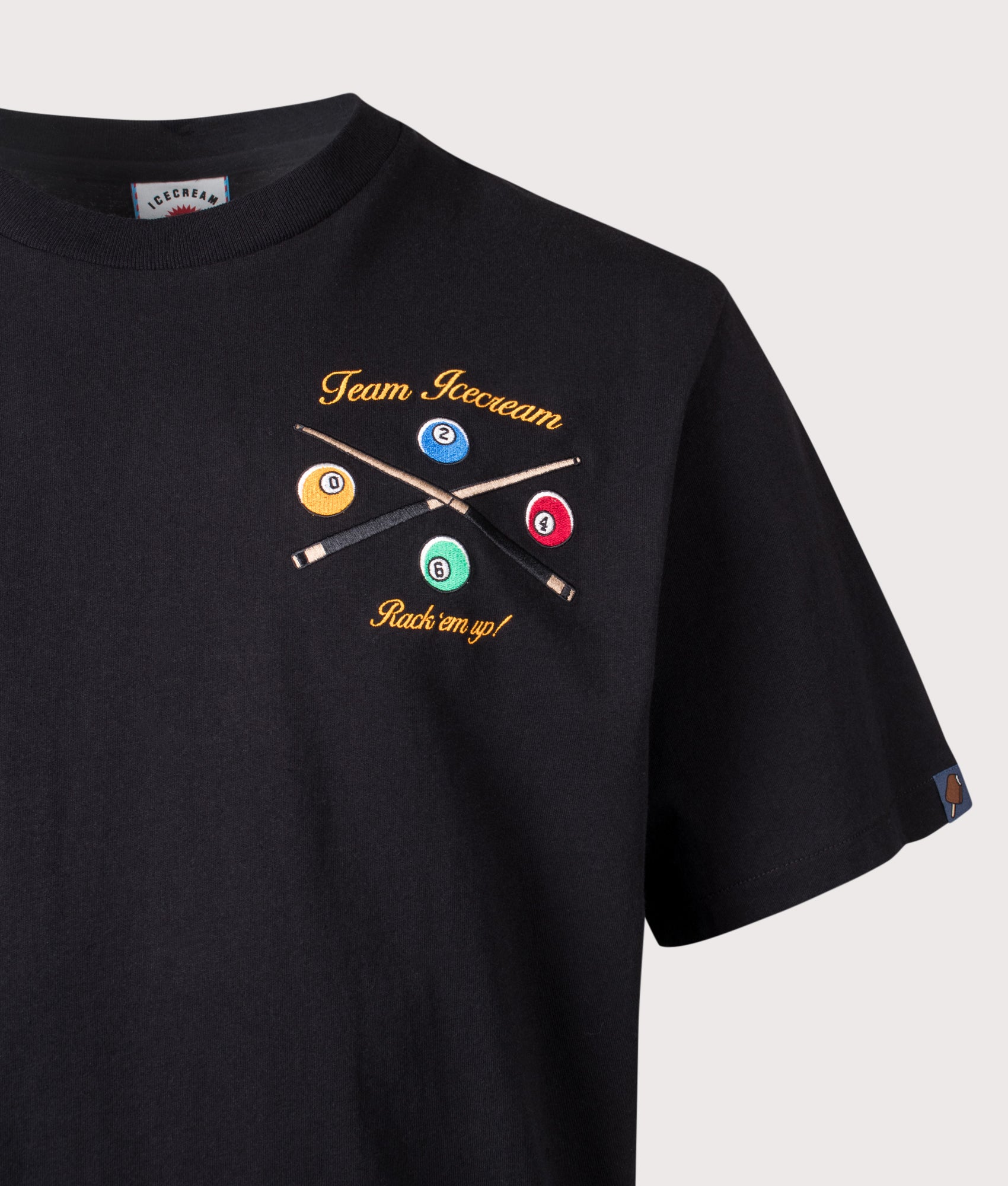 ICECREAM Trick shot T-Shirt in Black at EQVVS Menswear. Detail shot.