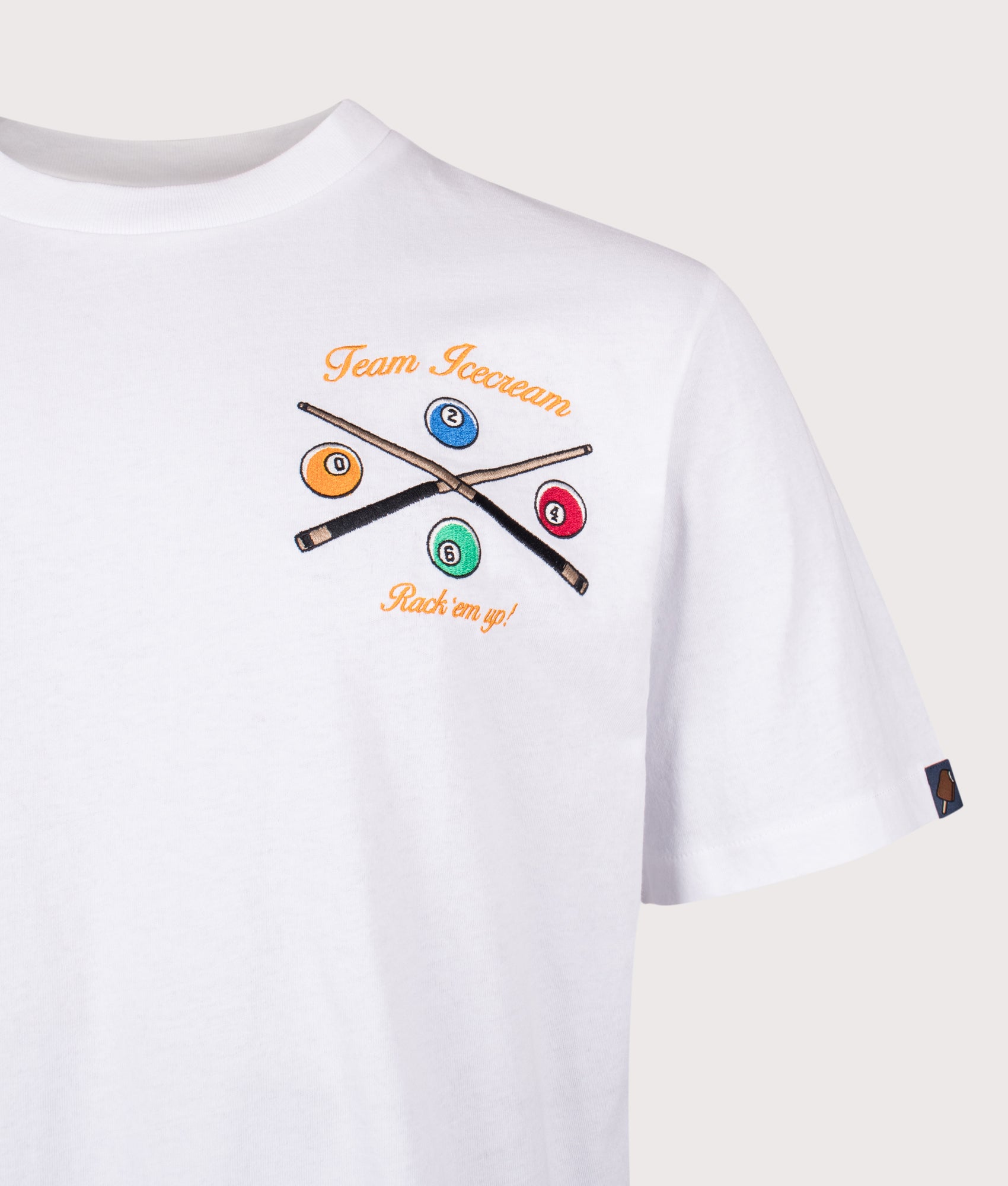 ICECREAM Trick shot T-Shirt in White at EQVVS Menswear. Detail shot.