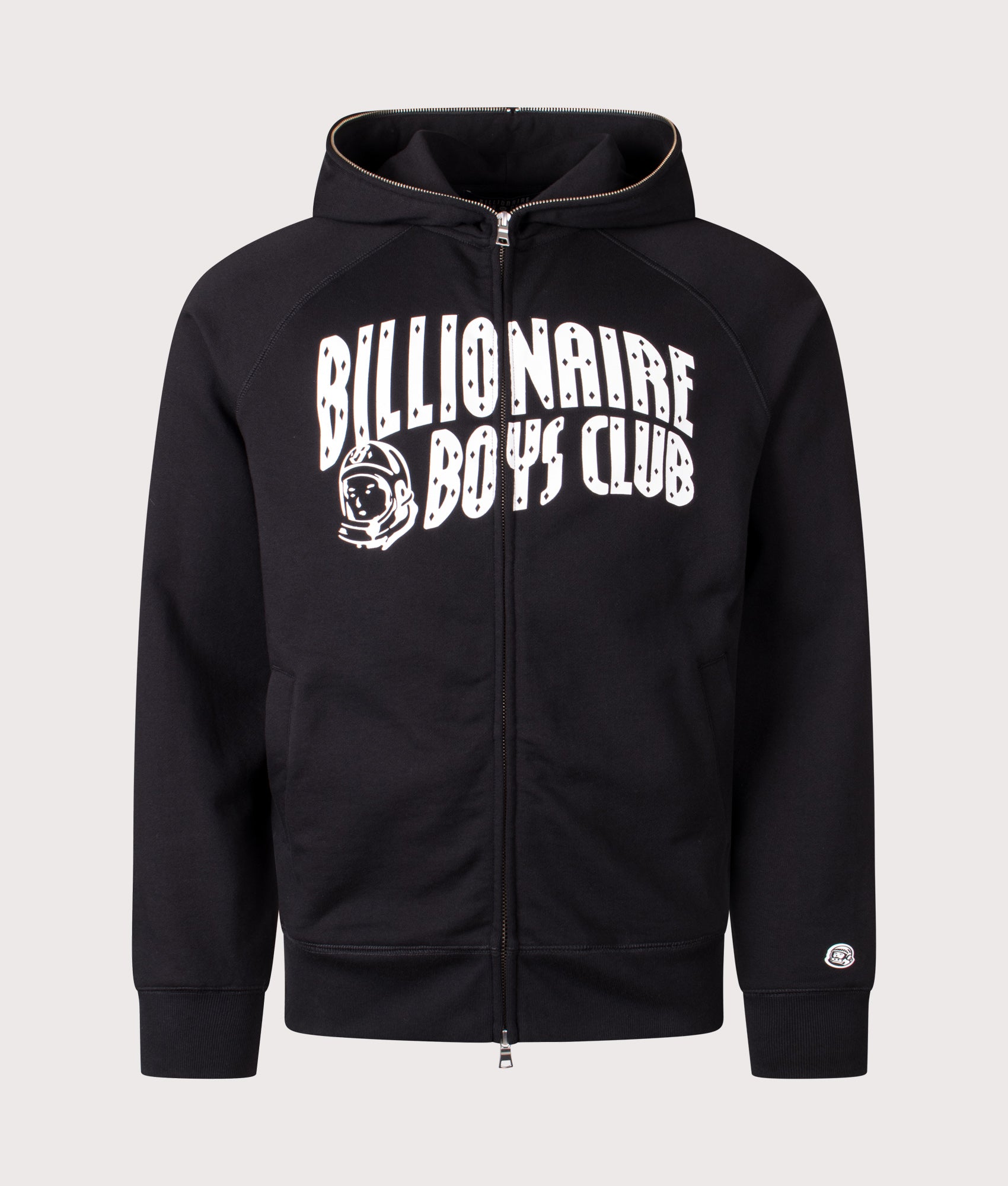 Billionaire Boy's Club Style, the Arch Logo Full Zip Through Hoodie in Black at EQVVS Menswear. Front shot.