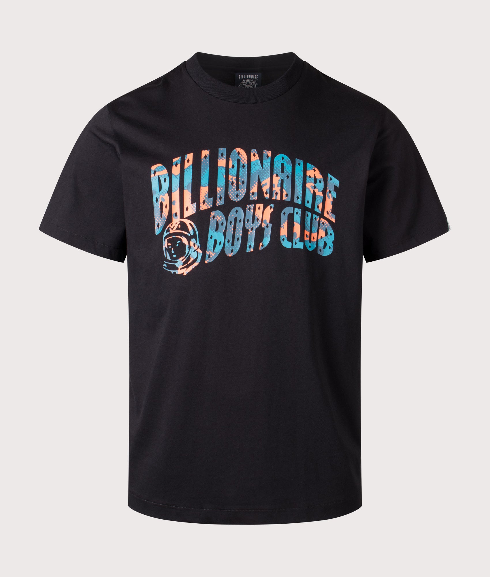 Billionaire Boys Club Overlay Camo Fill Arch Logo T-Shirt in Black at EQVVS Menswear. Front shot.