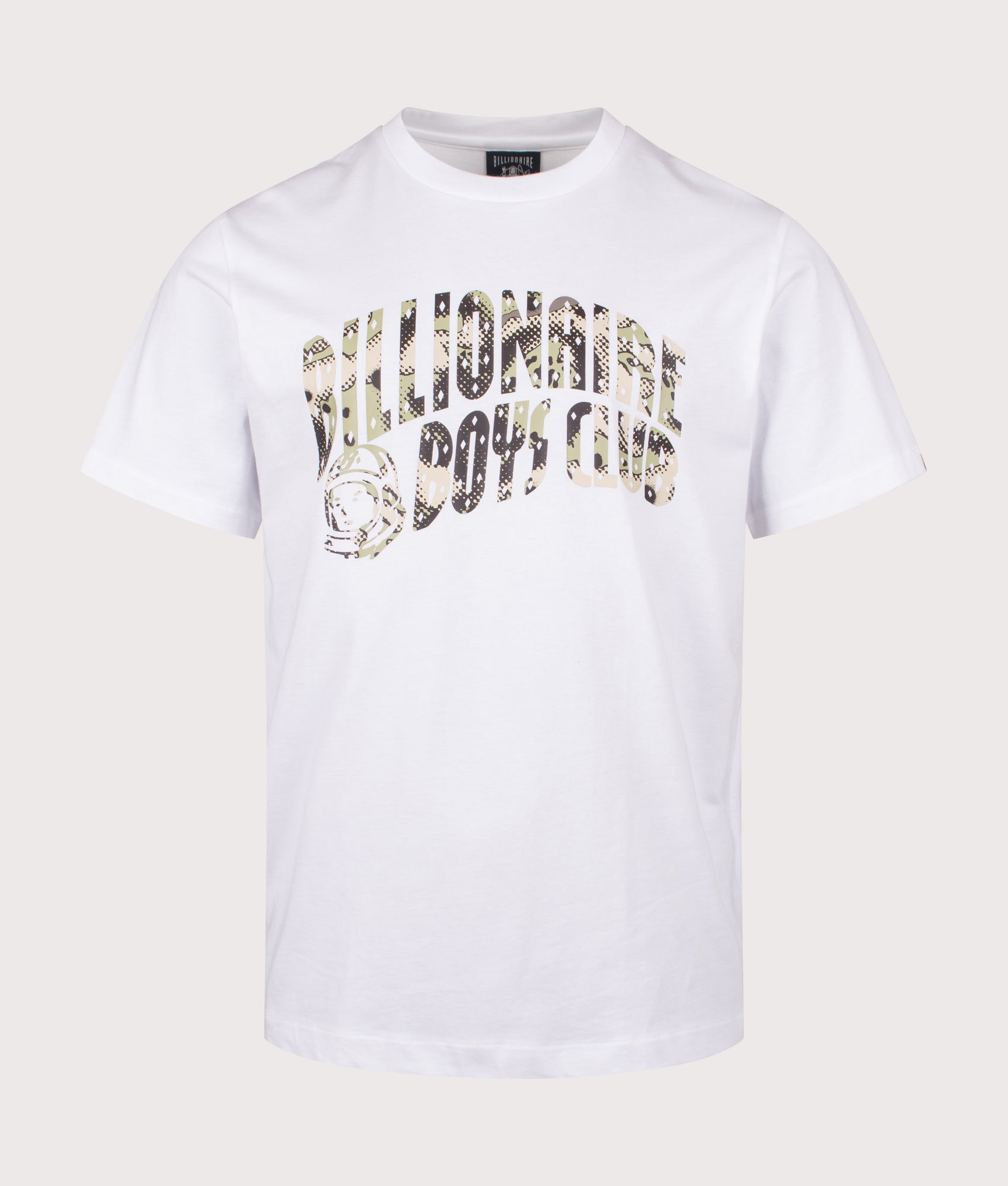 Billionaire Boys Club Overlay Camo Fill Arch Logo T-Shirt in White at EQVVS Menswear. Front shot.