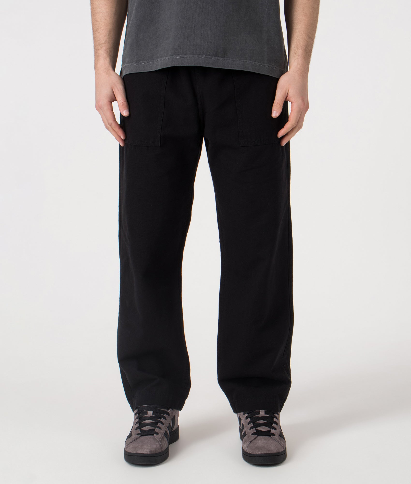 Service Works Regular Fit Canvas Chef Pants in Black at EQVVS Menswear. Model front shot.