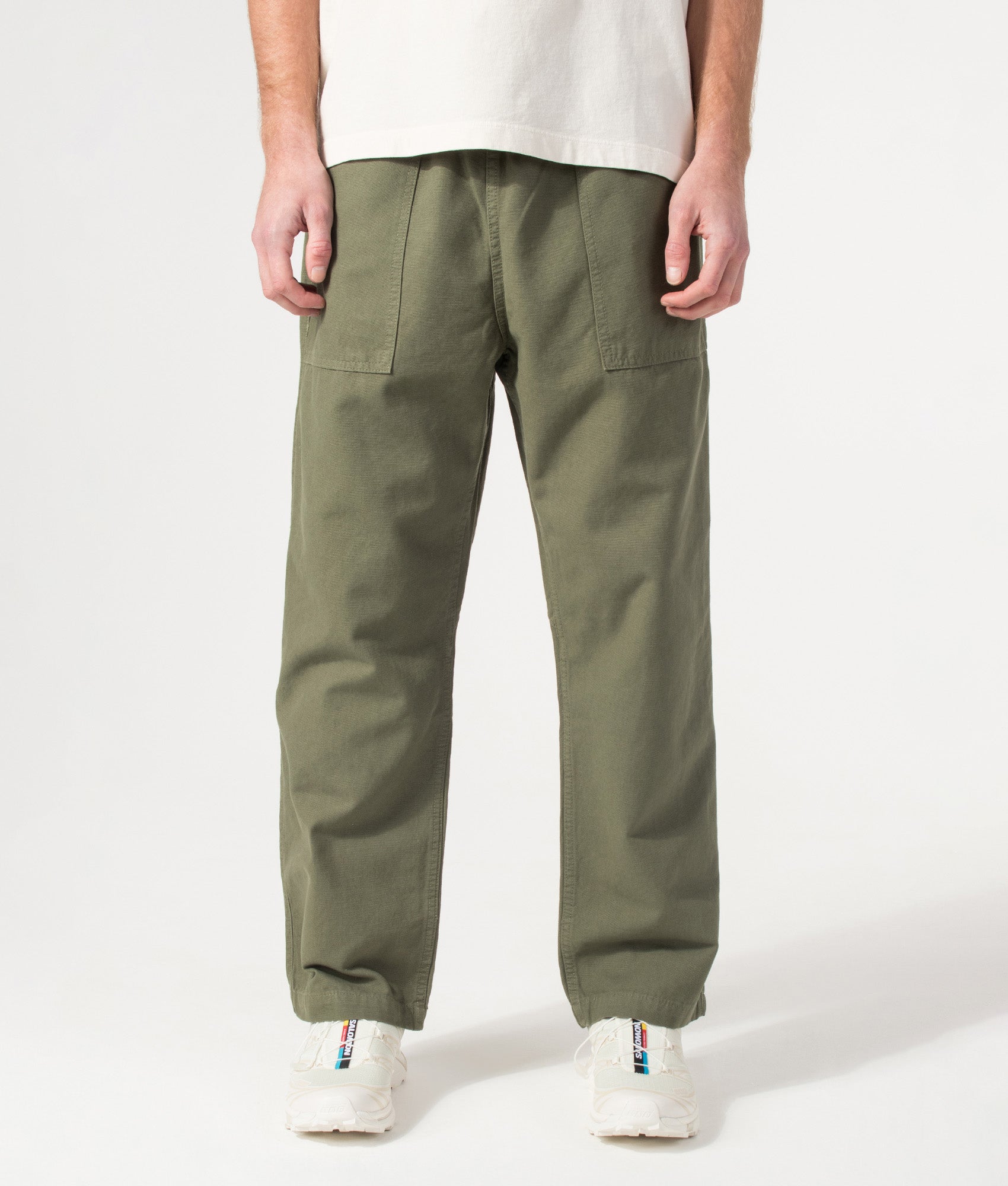 Canvas Chef Pants in Olive by Service Works. Shot by EQVVS. Front shot.