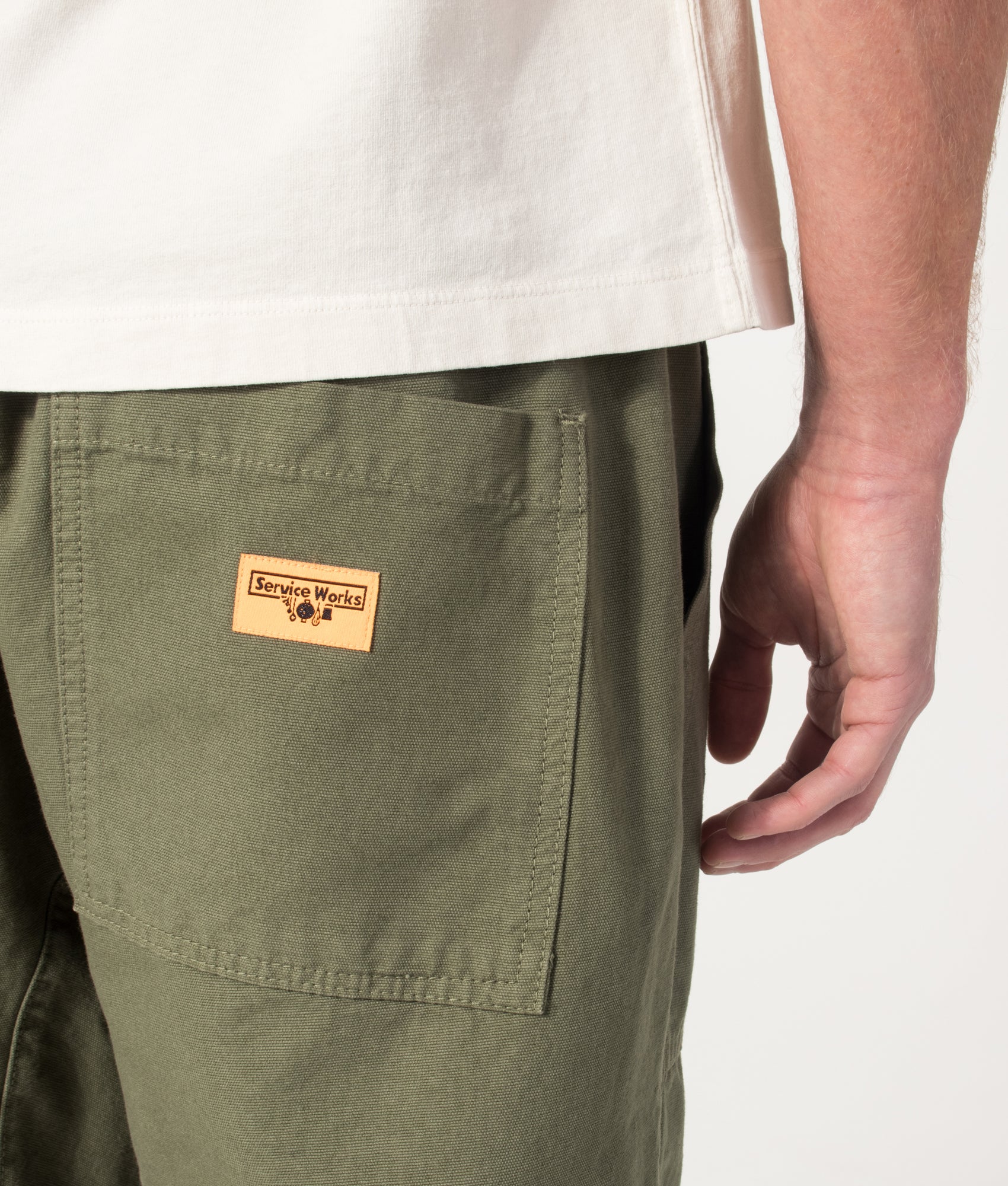 Canvas Chef Pants in Olive by Service Works. Shot by EQVVS. Detail shot.