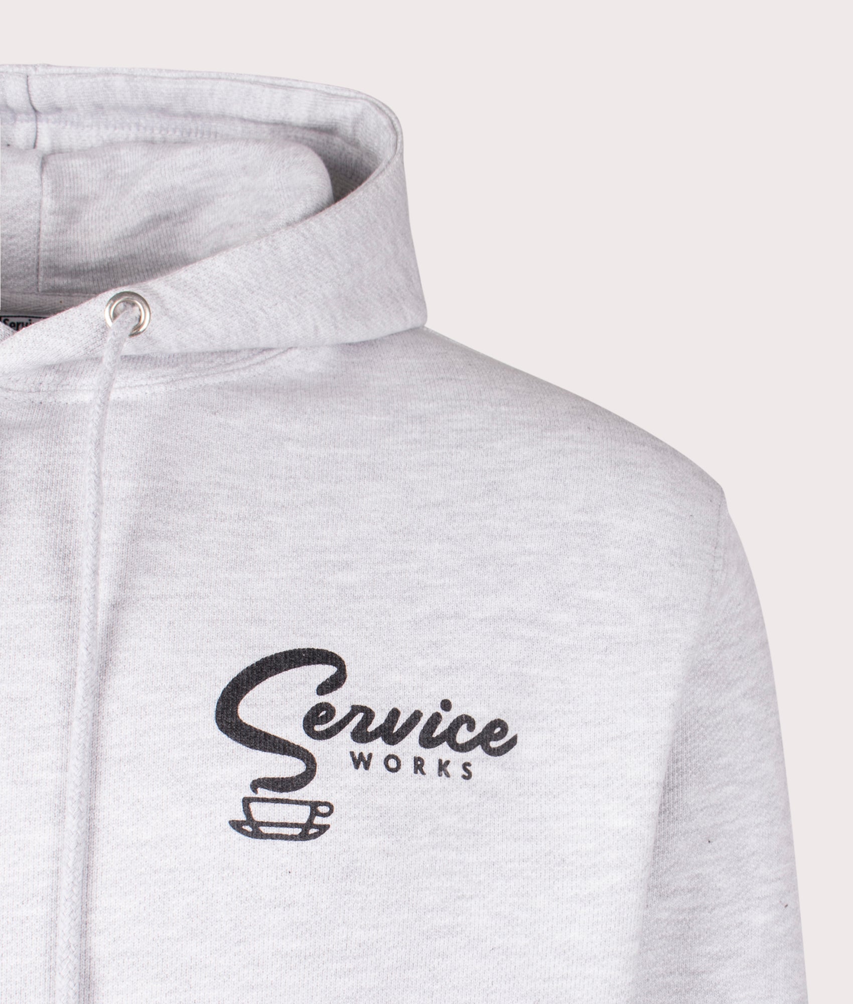 Service Works Espresso Hoodie in Ash Grey at EQVVS. Detail Shot.