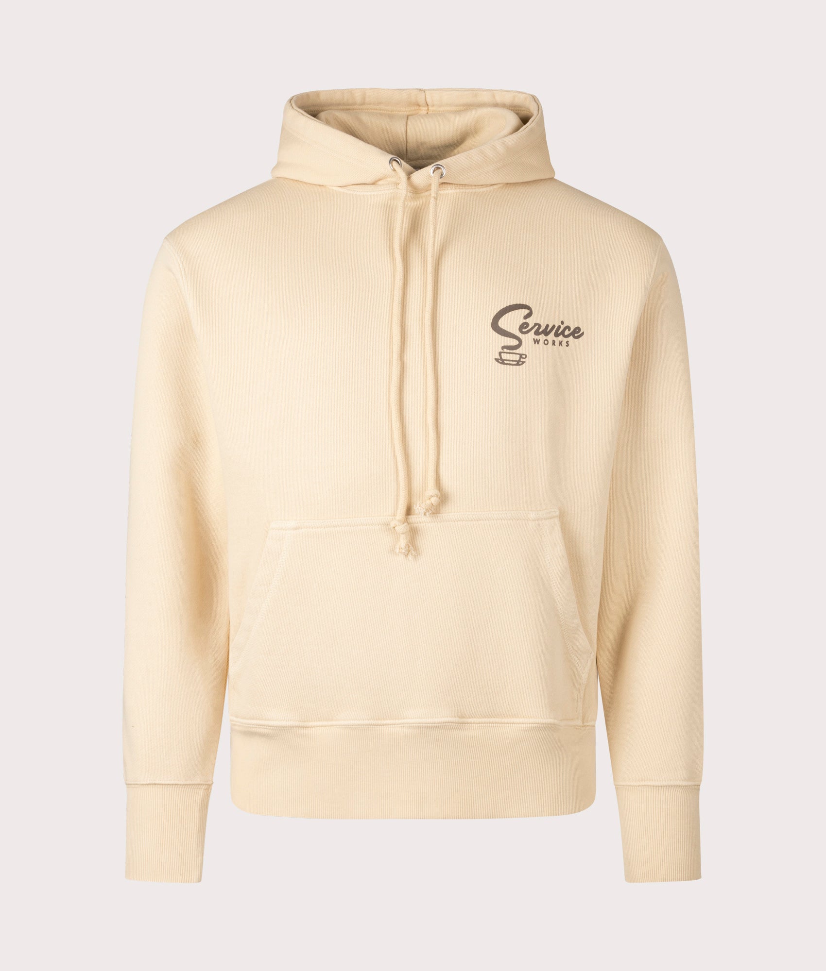 Service Works Espresso Hoodie in Khaki.  at EQVVS. Front Shot.