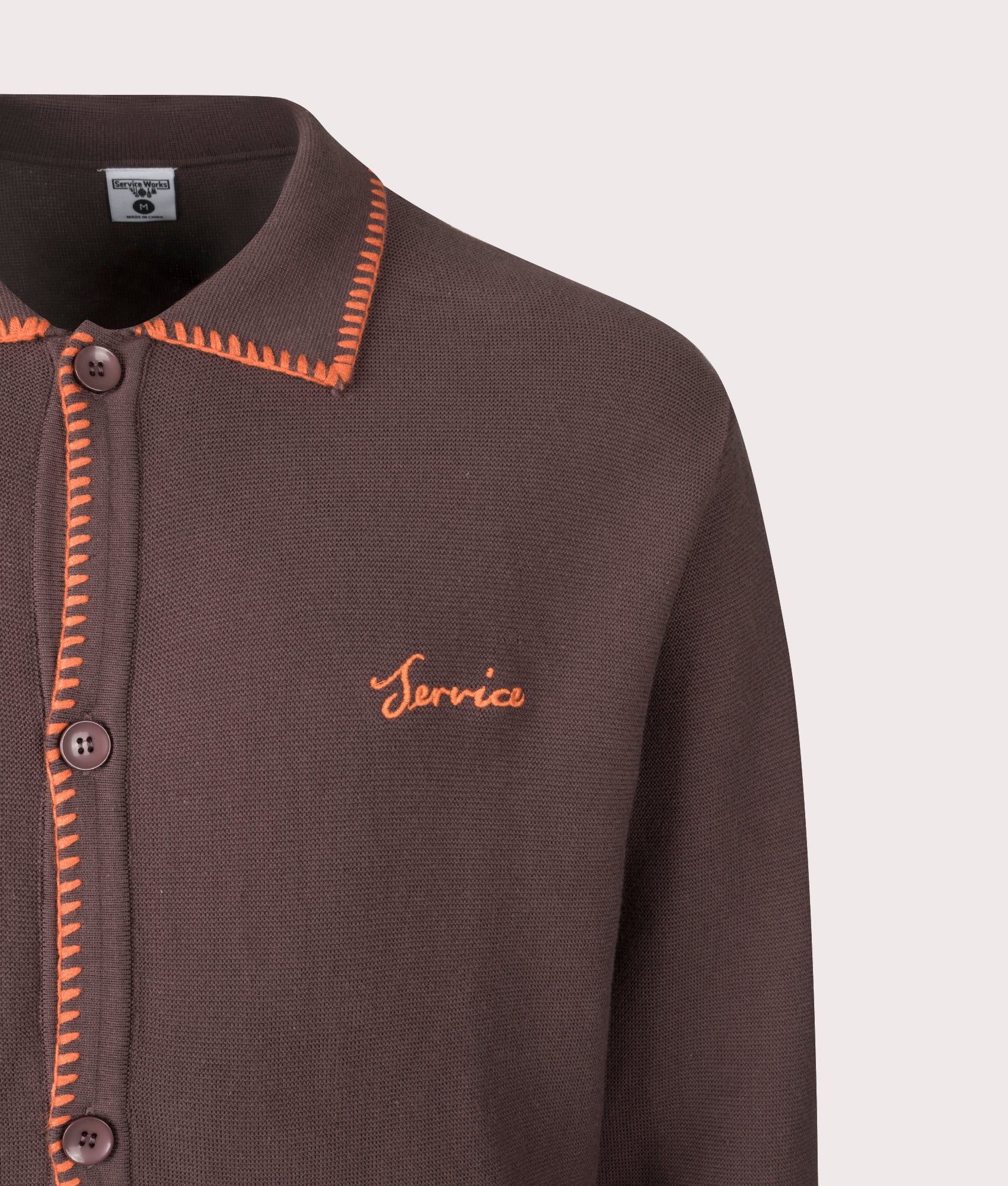 Blanket Stitch Cardigan by Service Works in Brown. Shot by EQVVS. Detail shot.