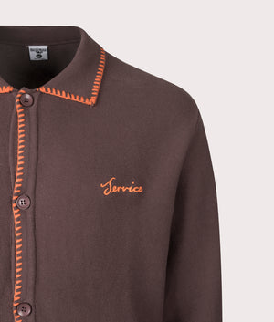 Blanket Stitch Cardigan by Service Works in Brown. Shot by EQVVS. Detail shot.