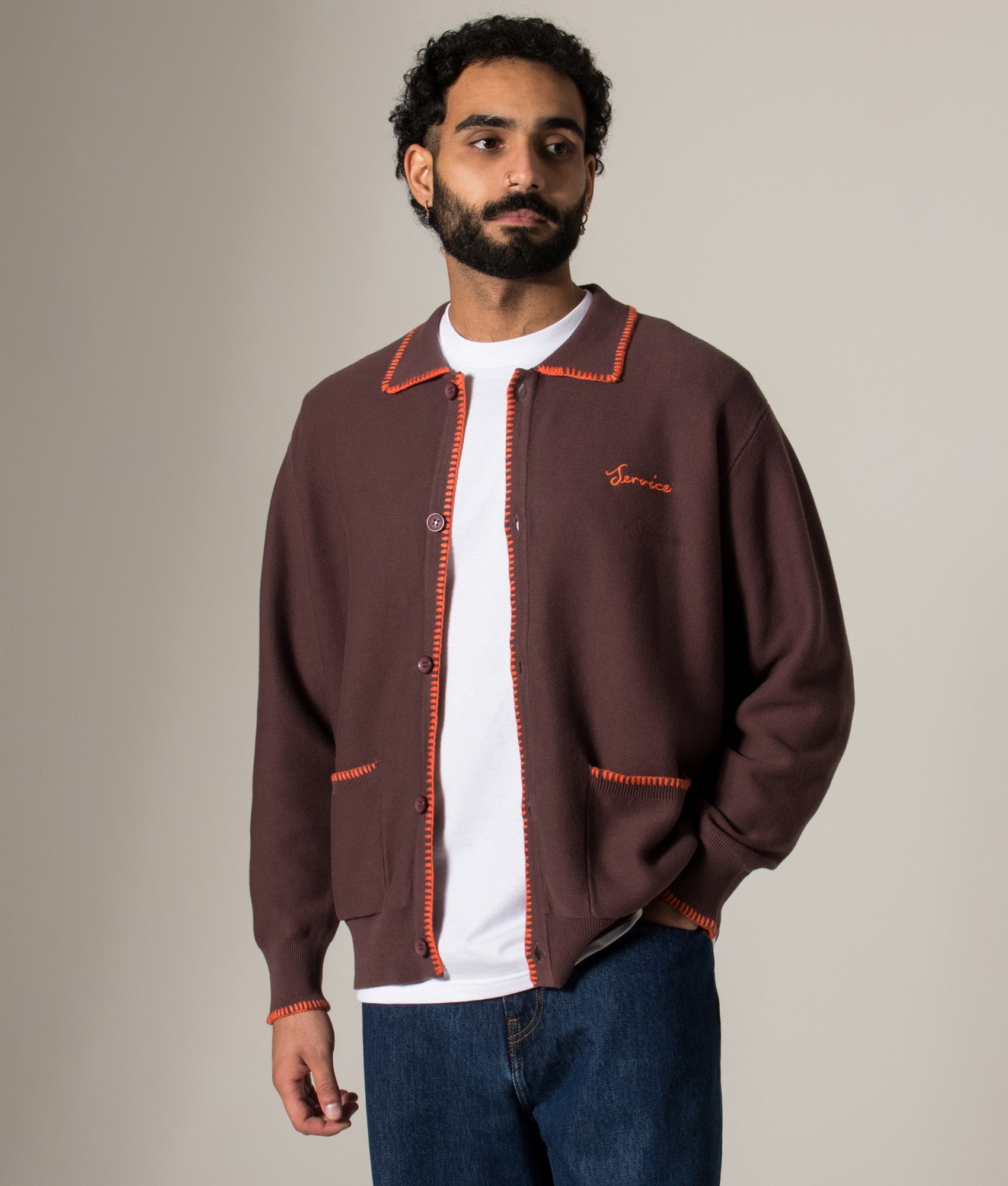 Blanket Stitch Cardigan by Service Works in Brown. Shot by EQVVS. Front model shot.