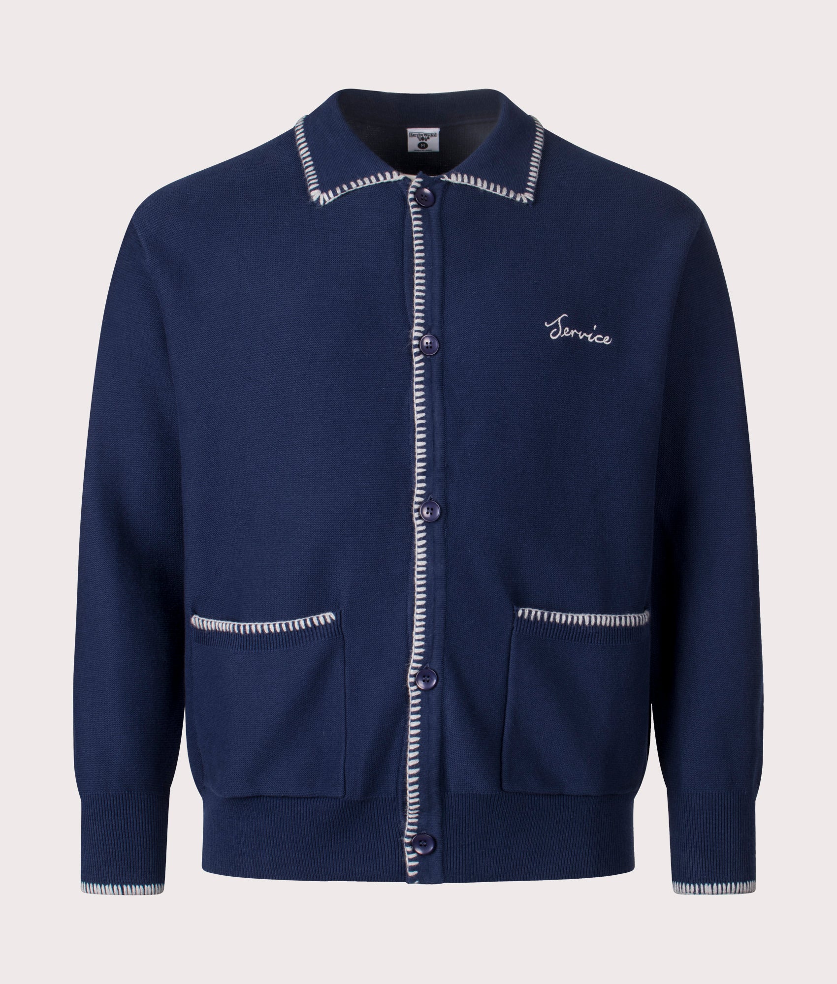 Blanket Stitch Cardigan by Service Works n Navy. Shot by EQVVS. Front shot.