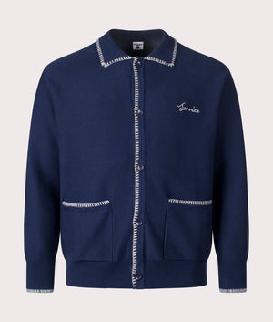 Blanket Stitch Cardigan by Service Works n Navy. Shot by EQVVS. Front shot.