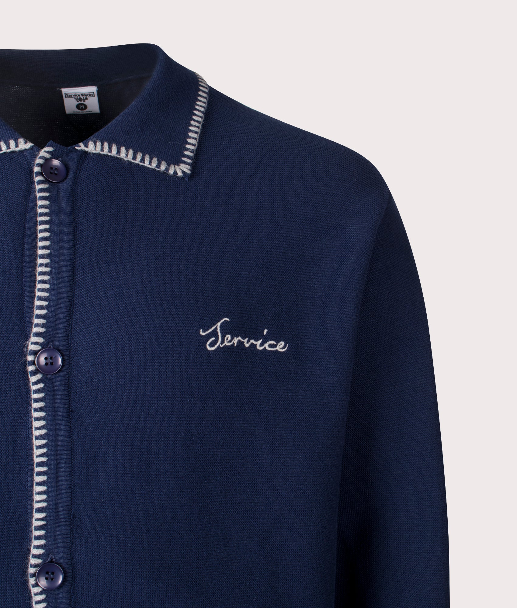 Blanket Stitch Cardigan by Service Works n Navy. Shot by EQVVS. Detail shot.