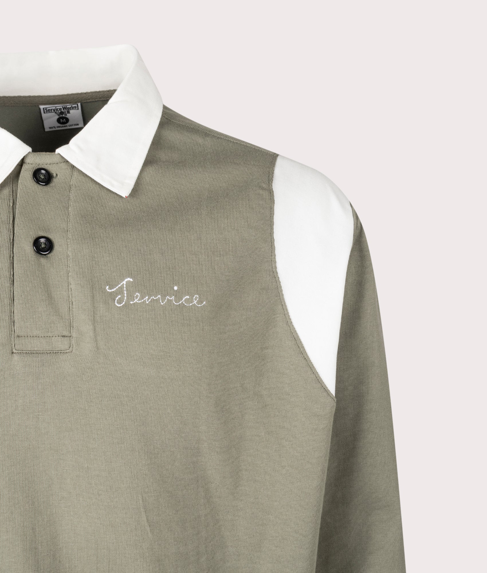 Bistro Polo Shirt by Service Works in Olive. Shot by EQVVS. Detail shot.