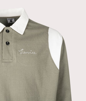 Bistro Polo Shirt by Service Works in Olive. Shot by EQVVS. Detail shot.