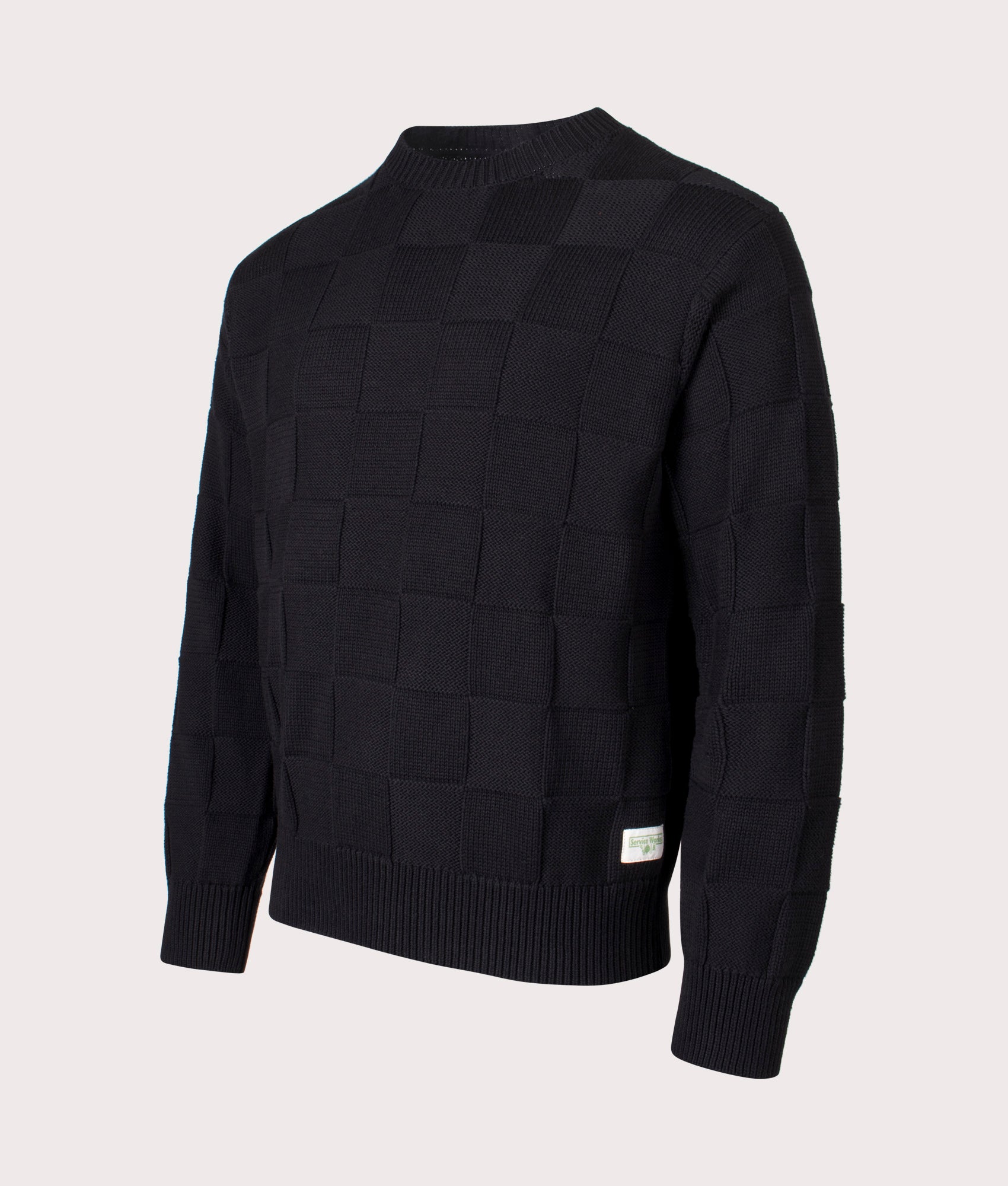 Check Knit Jumper by Service Works in Black. Shot by EQVVS. Front detail shot.