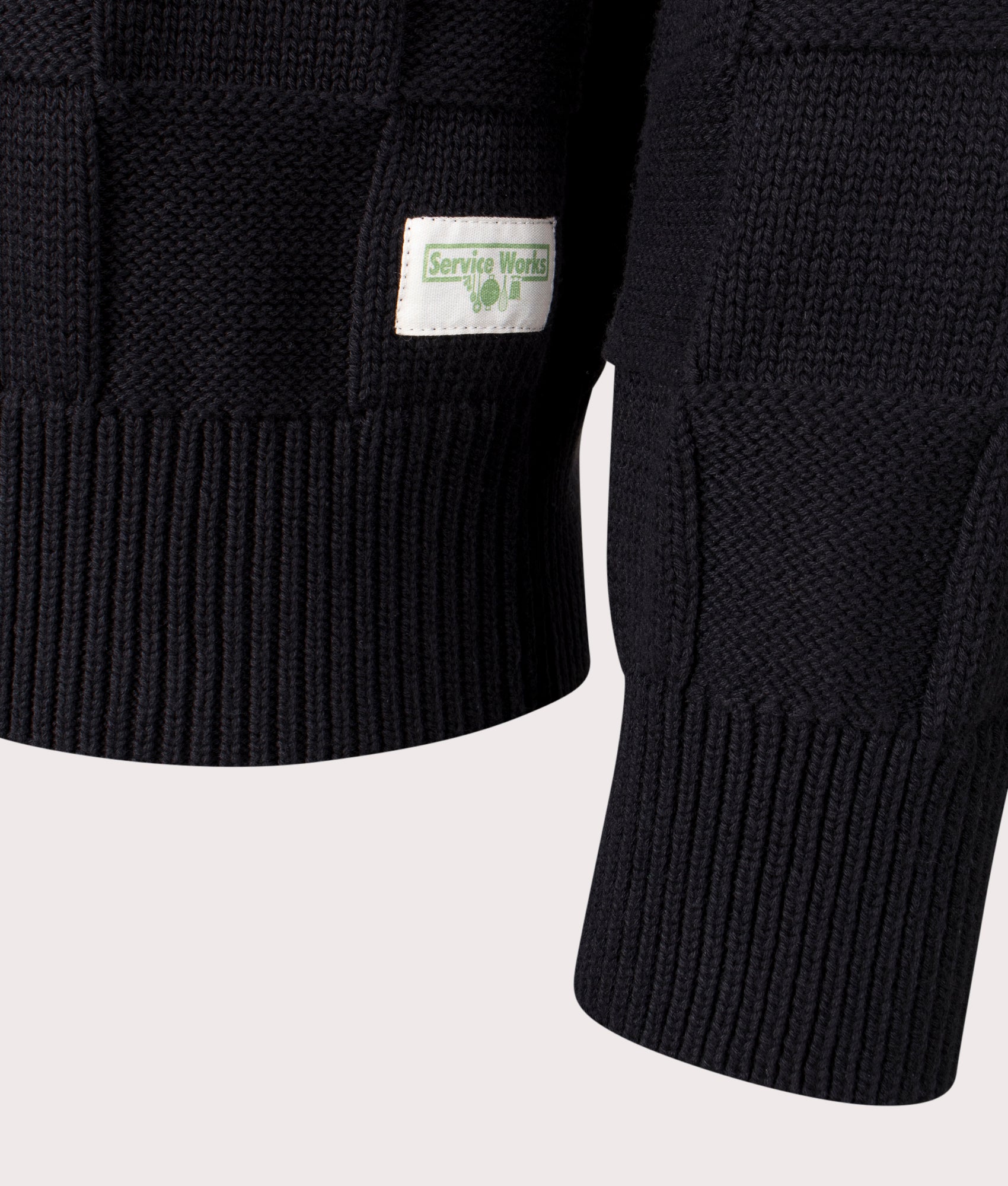 Check Knit Jumper by Service Works in Black. Shot by EQVVS. Detail shot.