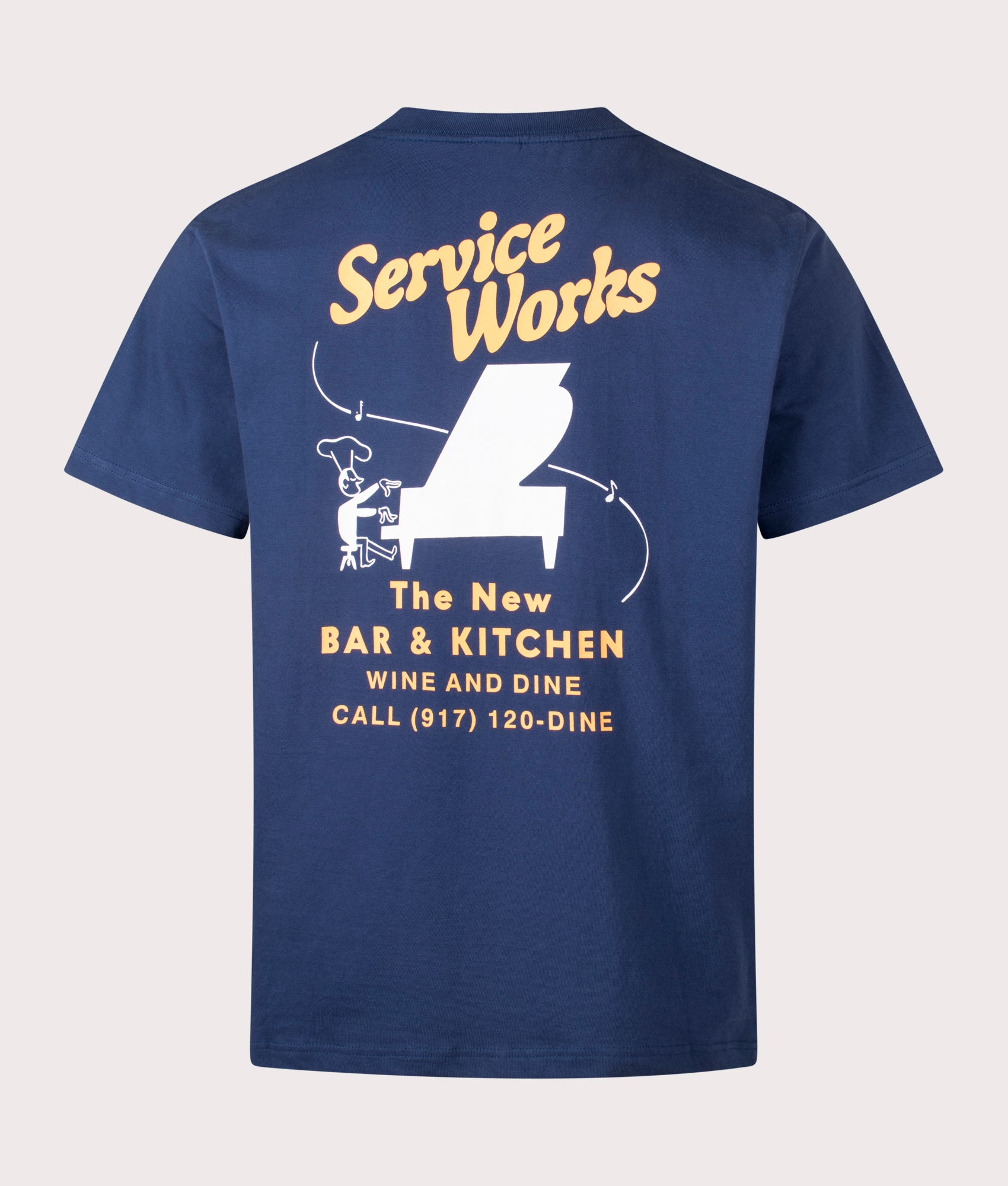 Bar & Kitchen T-Shirt by Service Works in Navy. Shot by EQVVS. Back shot.