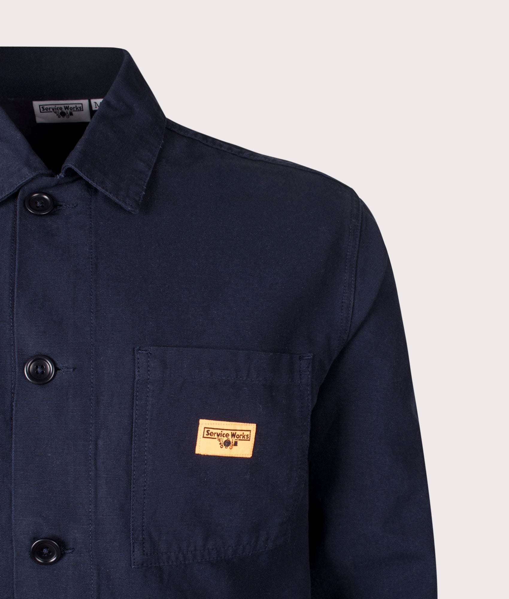 Canvas Chore Shirt by Service Works in Dark Navy. Shot by EQVVS. Detail shot.