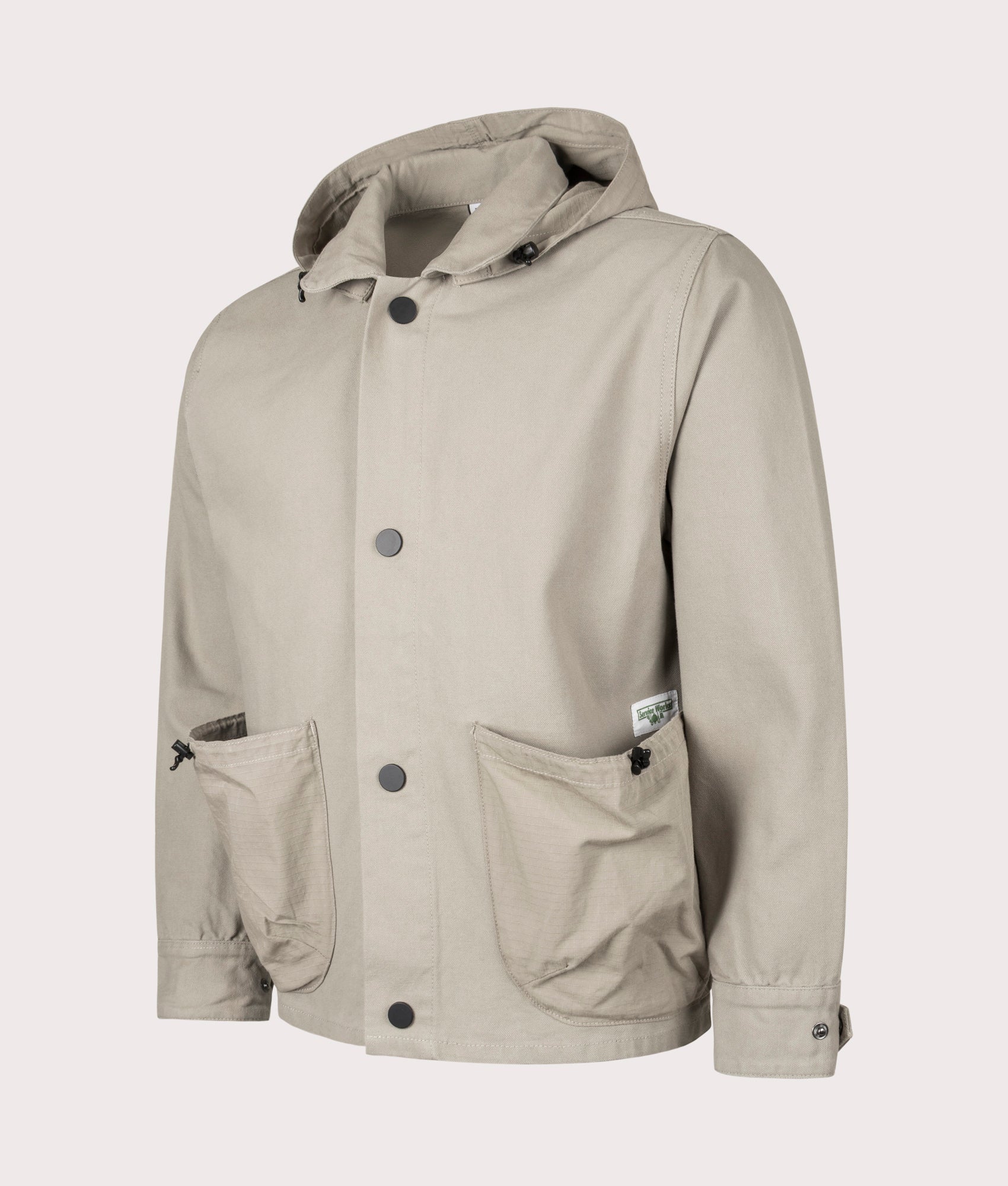 Gardener Jacket by Service Works in Pebble. Shot by EQVVS. Front angle shot.