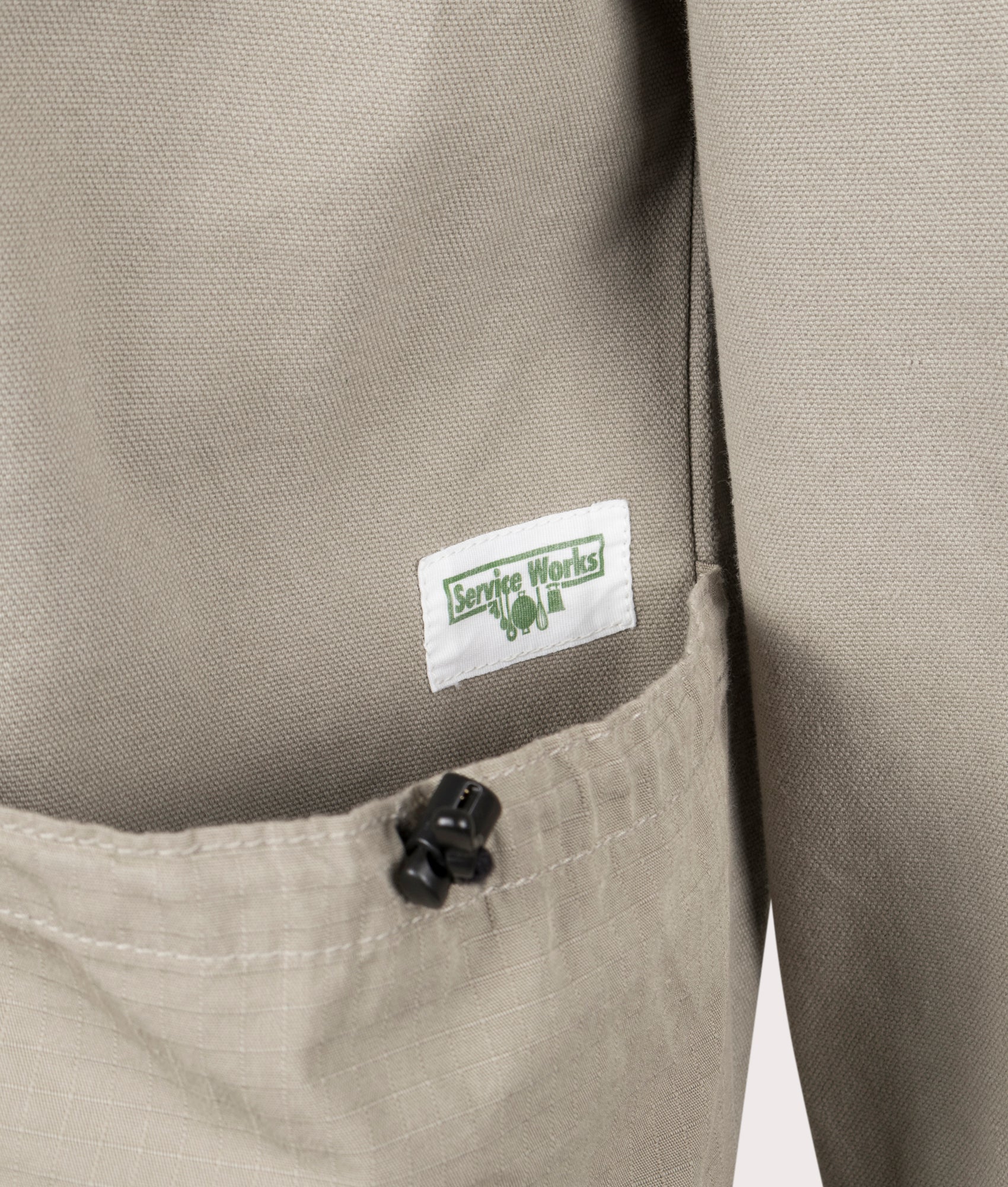 Gardener Jacket by Service Works in Pebble. Shot by EQVVS. Detail shot.