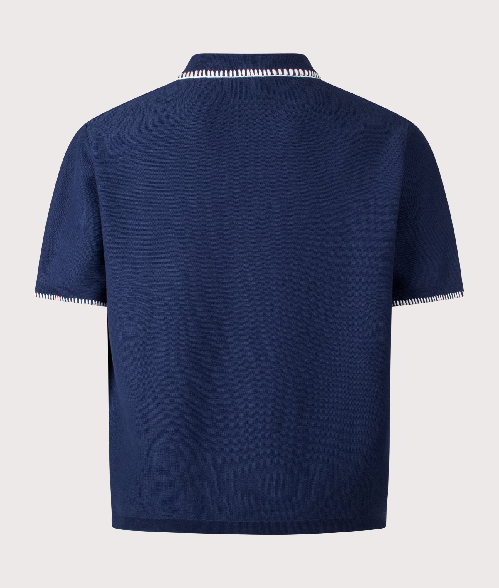 Service Works Blanket Stitch Short Sleeve Knitted Shirt in Navy at EQVVS Menswear. Back shot.