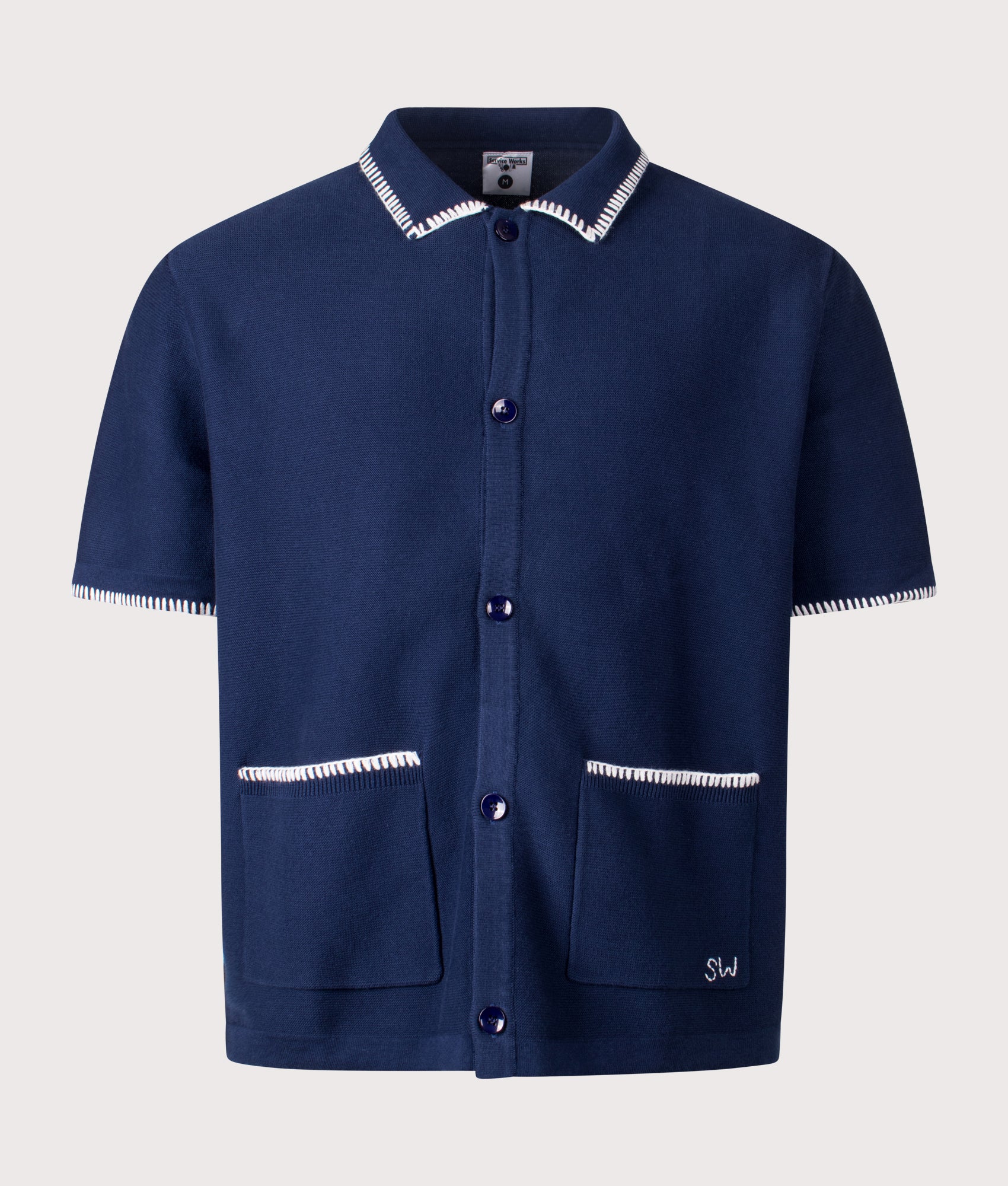 Service Works Blanket Stitch Short Sleeve Knitted Shirt in Navy at EQVVS Menswear. Front shot.